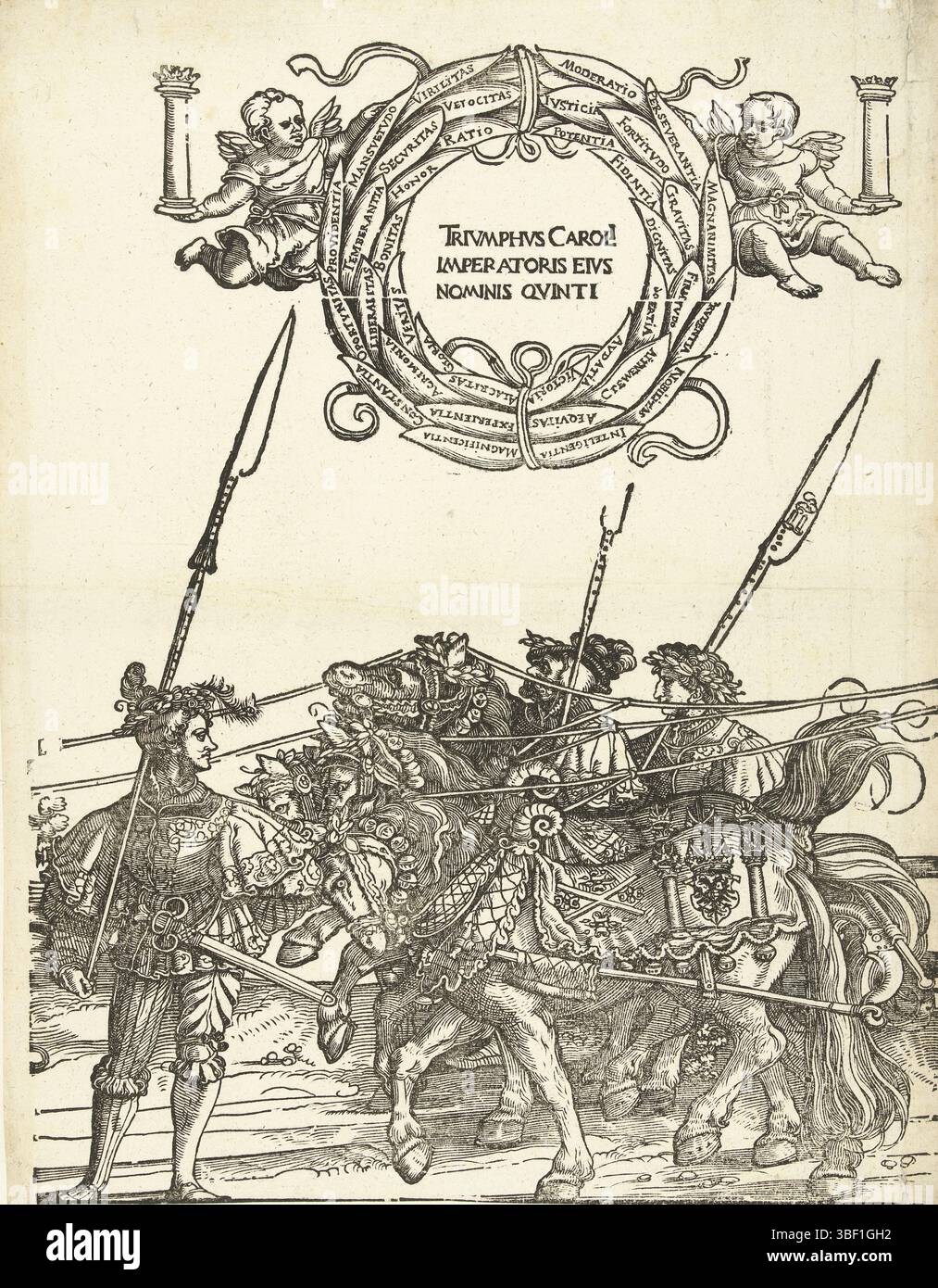 Allemagne, Schäufelein, Hans, Triumphwagen de Charles V, 1537, troisième travée de quatre chevaux, Allemagne, verso - estampillé, troisième travée de quatre chevaux pour le wagon de triomphe. Au sommet de l'inscription tenue dans une couronne de laurier par deux anges avec les deux piliers d'Hercule. Cinquième album dans le voyage triomphal de l'empereur Charles V, 1537., estampe, Frederik Muller Archives historiques, histoire étrangère, hauteur 418 mm, largeur 329 mm, allemand, 1480 - 1540-09-13, graveur, 1537 - 1537, deuxième quart 16e siècle, papier, gravure sur bois Banque D'Images