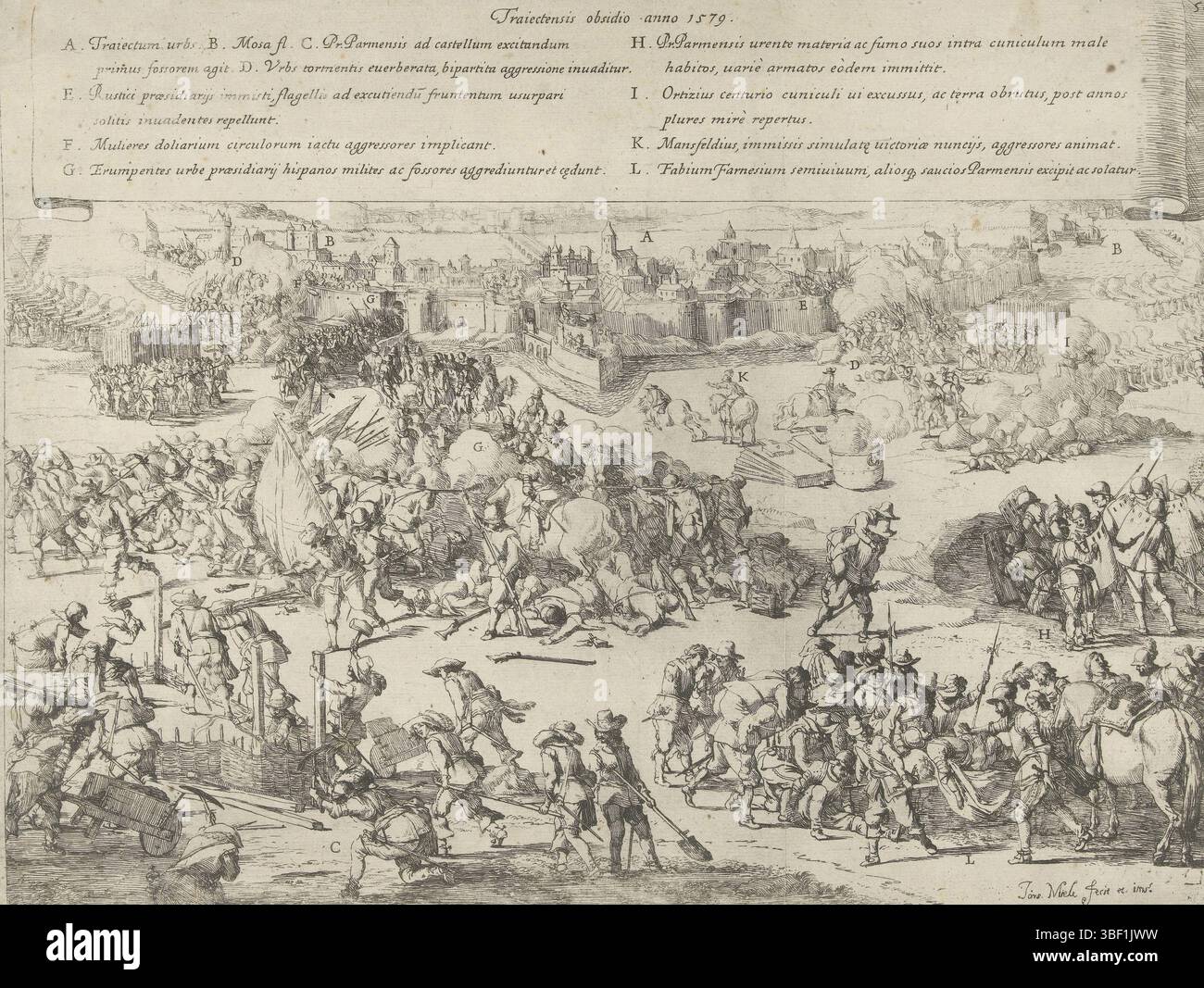 Miel, Jan, Rome, miel, Traiectensis obsidio anno 1579, Siège de Maastricht, 1579, Siège de Maastricht par l'armée du duc de Parme, du 12 mars au 29 juin 1579. Visage de la ville, construire des déchaînements, se battre pour la ville et enlever les blessés. Haut d'une bande avec le titre et la légende A-l en latin., estampes, historien, estampes, plaques d'histoire Frederik Muller, hauteur 302 mm, largeur 395 mm, Sud-néerlandais, 1599 - 1663-04-03, graveur, 1645 - 1647, deuxième quart 17ème siècle, papier, gravure, conception d'œuvres, Zuid-Nederlands, selon sa propre conception Banque D'Images