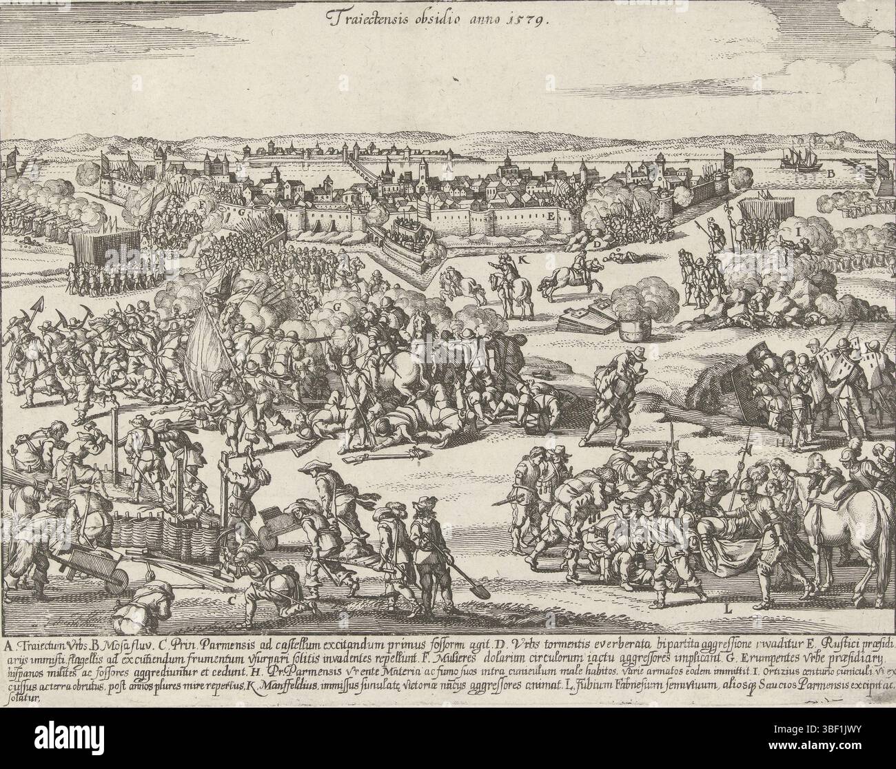 Rome, miel, Jan, Traiectensis obsidio anno 1579, Siège de Maastricht, 1579, Rome, Siège de Maastricht par l'armée du duc de Parme, du 12 mars au 29 juin 1579. Visage de la ville, construire des déchaînements, se battre pour la ville et enlever les blessés. Dans la légende la légende A-l en latin., estampe, historien, estampes, plaques d'histoire Frederik Muller, hauteur 218 mm, largeur 278 mm, graveur, 1649 - 1651, deuxième quart XVIIe siècle, troisième quart XVIIe siècle, papier, gravure, concept de travail, Zuid-Nederlands, 1599 - 1663-04-03 Banque D'Images