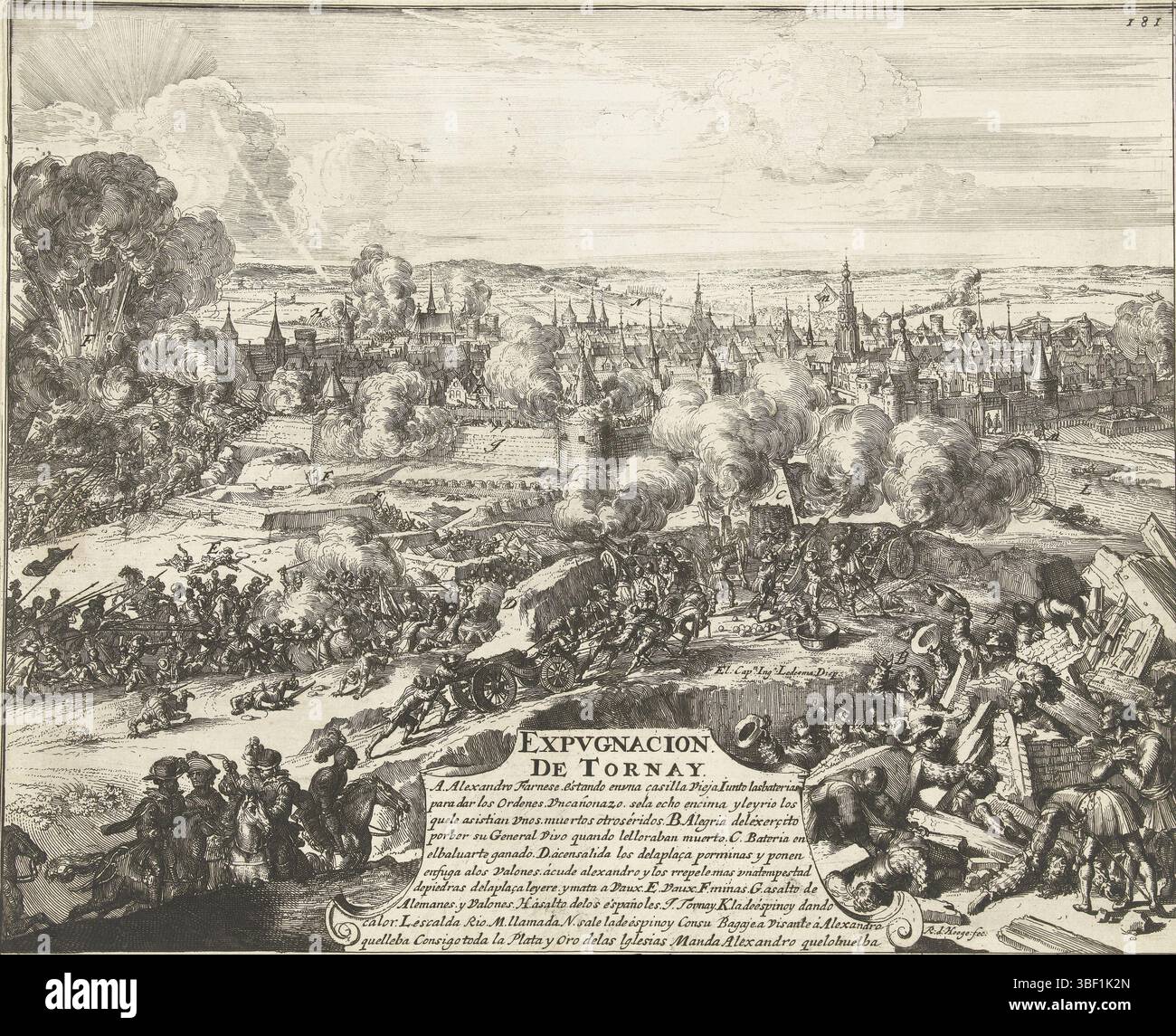 Ledesma, Don Juan de, pays-Bas du Nord, Hooghe, Romeyn de, Expugnacion de Tornay, prise de Tournay, 1581, siège et prise de Tournai par l'armée du duc de Parme, 29 novembre 1581. A droite, le duc de Parme se tient miraculeusement indemne entre les ruines d'un bâtiment. Au milieu en dessous d'un cartouche avec le titre et la légende A-N en espagnol., estampes, historien, estampes, Frederik Muller Historyplaten, hauteur 272 mm, largeur 337 mm, Néerlandais du Nord, 1645-09-10 - 1708-06-15, graveur, 1670 - 1699, troisième quart du XVIIe siècle, quatrième quart du XVIIe siècle, papier, gravure, conception d'œuvres, espagnol Banque D'Images