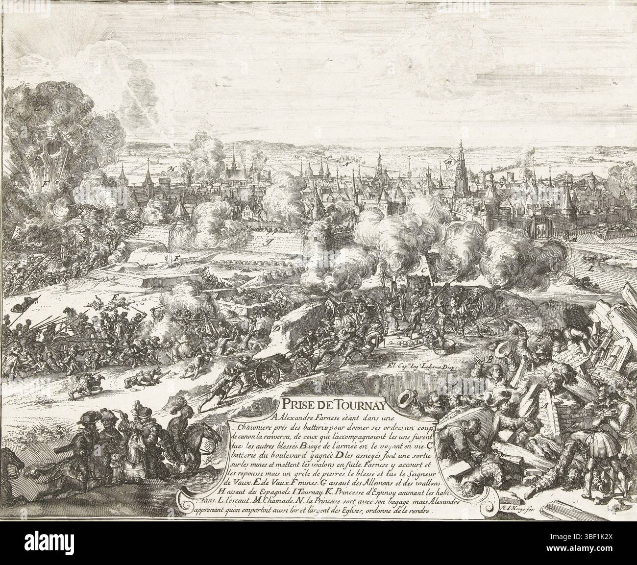 Ledesma, Don Juan de, pays-Bas du Nord, Hooghe, Romeyn de, prise de Tournay, prise de Tournay, 1581, siège et prise de Tournai par l'armée du duc de Parme, 29 novembre 1581. A droite, le duc de Parme se tient miraculeusement indemne entre les ruines d'un bâtiment. Au milieu d'un cartouche avec le titre et la légende A-N en français., estampe, histoire, estampes, plaques d'histoire Frederik Muller, hauteur 272 mm, largeur 336 mm, Nord-néerlandais, 1645-09-10 - 1708-06-15, graveur, 1670 - 1699, troisième quart 17ème siècle, quatrième quart 17ème siècle, papier, gravure, conception d'œuvres, Spanis Banque D'Images