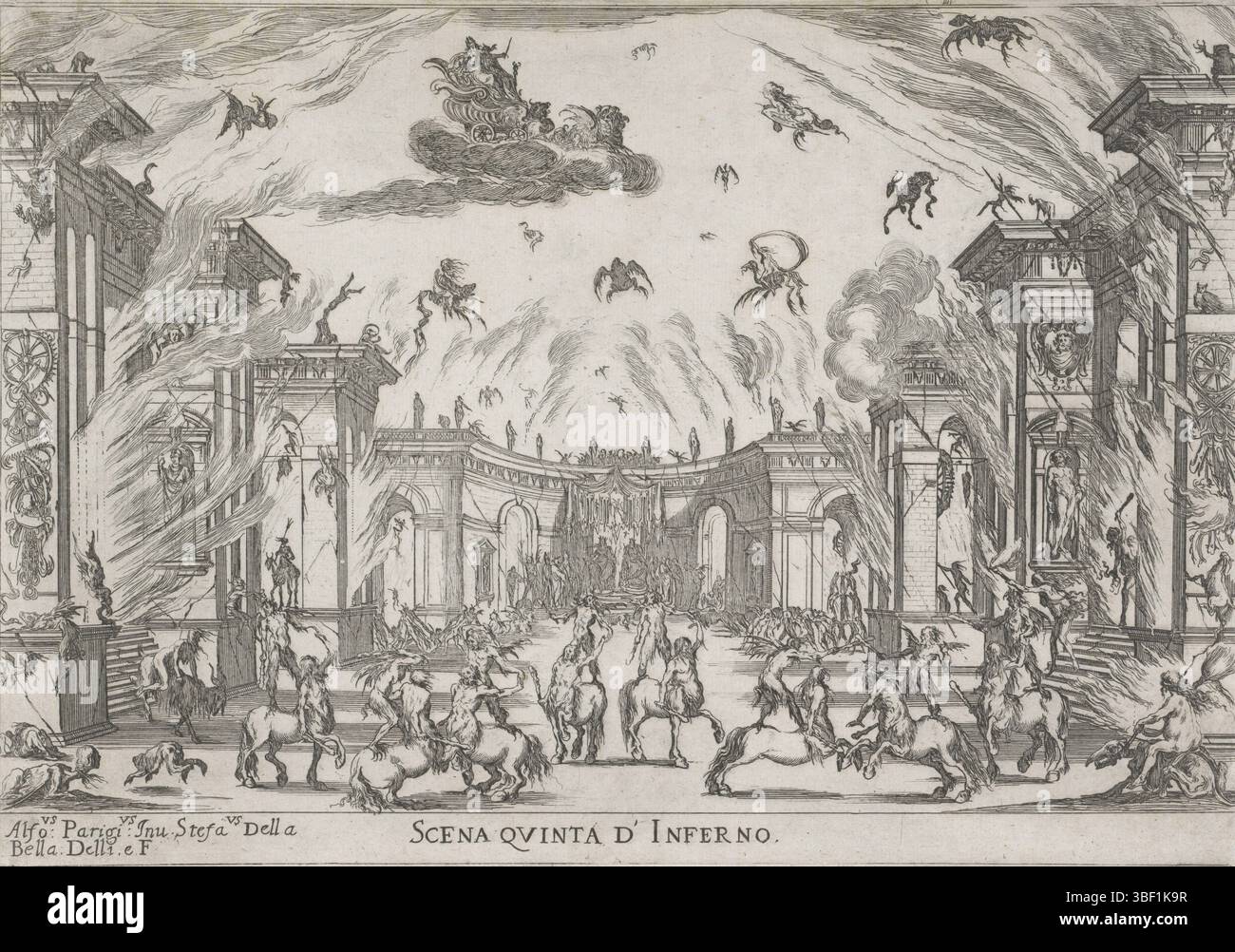 Italie, Mariani, Gian Maria, Florence, Massi & Landi, Italie, Parigi, Alfonso (il Giovane), Bella, Stefano della, le nozze degli dei fafola, Liberetto en l'honneur du mariage de Ferdinando II de Médicis et Vottoria della Rovere, Scena quinta d'Inferno, verso - estampillé, Une scène de ballet dans la cour du Palazzo Pitti à Florence. Hadès vole à travers le ciel dans son char. Pluton et Proserpina sont assis sur des trônes contre le mur du fond. Des formations de centaures, de sorcières et de créatures infernales dansent au premier plan et volent dans le ciel. Les flammes s'élèvent de l'architecture autour., print, o Banque D'Images