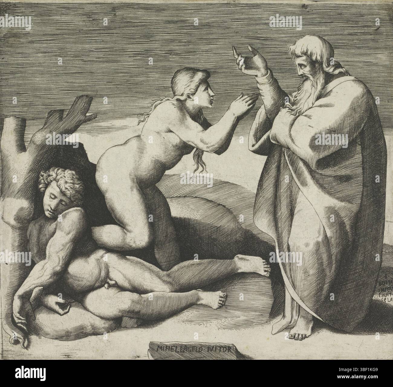 Cité du Vatican, Michel-Ange, Italie, Bonasone, Giulio, création d'Eva, verso - estampillé, Dieu crée Eve à partir de la côte de l'Adam couché., impression, hauteur 194 mm, largeur 214 mm, italien, 1510 - 1576, graveur, 1501 - 1580, papier, gravure, gravure (procédé d'impression), concept de travail, 1475-03-06 - 1564-02-18 Banque D'Images