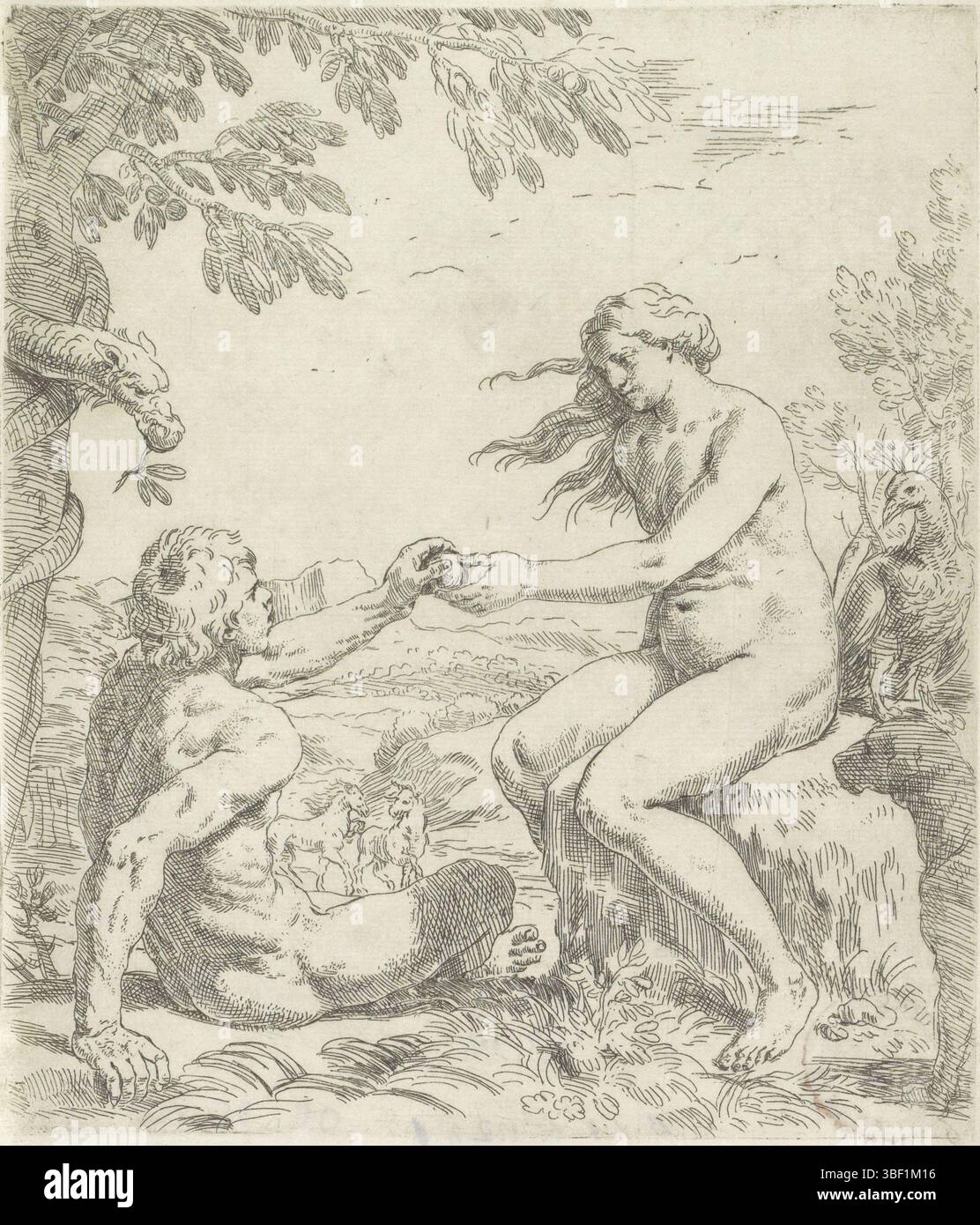 Italie, Cantarini, Simone, séduction d'Adam, Italie, verso - estampillé, Adam et Ève dans le jardin d'Eden. Eve offre la pomme à Adam. A gauche se trouve l'arbre de la connaissance du bien et du mal. Le tuyau s'enroule autour de la tige., impression, hauteur 198 mm, largeur 171 mm, italien, 1612-08-21 - 1648-10-15, graveur, 1622 - 1648, papier, gravure, création d'expression Banque D'Images
