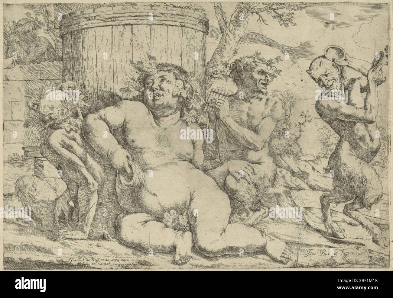 Inconnu, Rome, Rossi, Giovanni Battista de', Italie, Burani, Francesco, Silenus, inconnu, verso - estampillé, Silenus se trouve à une grande tonne. Il est entouré de satyres. Dans le fond à gauche un Bacchante derrière un mur., impression, hauteur 260 mm, largeur 375 mm, 1600 - 1633, graveur, 1600 - 1600, papier, gravure, publication (événement), publication, italien, 1601 - 1678, éditeur, fournisseur de privilège Banque D'Images
