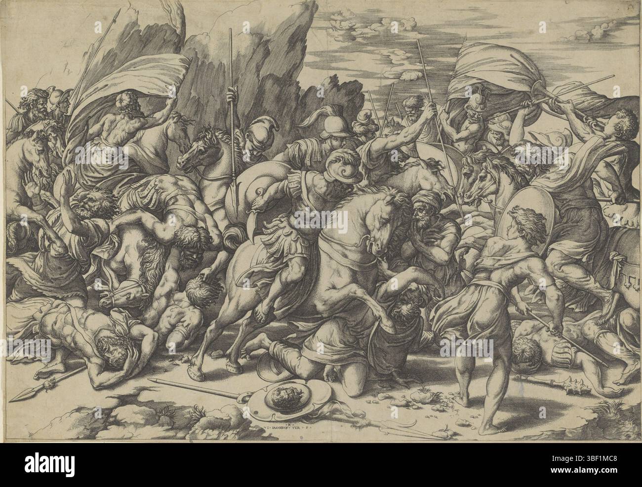 Italie, Raphaël, Italie, Caraglio, Giovanni Jacopo, combattez avec des boucliers et des lances, verso - estampillé, soldats à cheval et à pied dans la bataille avec des lances et des boucliers. Bataille possible entre Romains et Barbares., impression, hauteur 335 mm, largeur 485 mm, italien, 1505 - 1565, graveur, 1515 - 1565, papier, gravure, gravure (procédé d'impression), conception d'oeuvre, 1483-04-07 - 1520-04-07 Banque D'Images