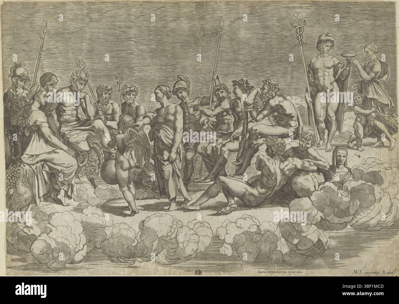 Inconnu, Rome, Orlandi, Giovanni, Italie, Raphael, Penni, Giovanni Francesco, Caraglio, Giovanni Jacopo, collection des dieux sur l'Olympe, inconnu, verso - estampillé, Un groupe de dieux et de déesses sur l'Olympe, y compris Jupiter, Minerve, Junon, Bacchus et Mercure., impression, hauteur 373 mm, largeur 537 mm, italien, 1505 - 1565, imprimeur, 1602 - 1602, papier, gravure, gravure (procédé d'impression), 1488 - 1528, par peinture, conception d'oeuvre, 1483-0-07 - 1520-04-07, par conception, publication, éditeur, Banque D'Images