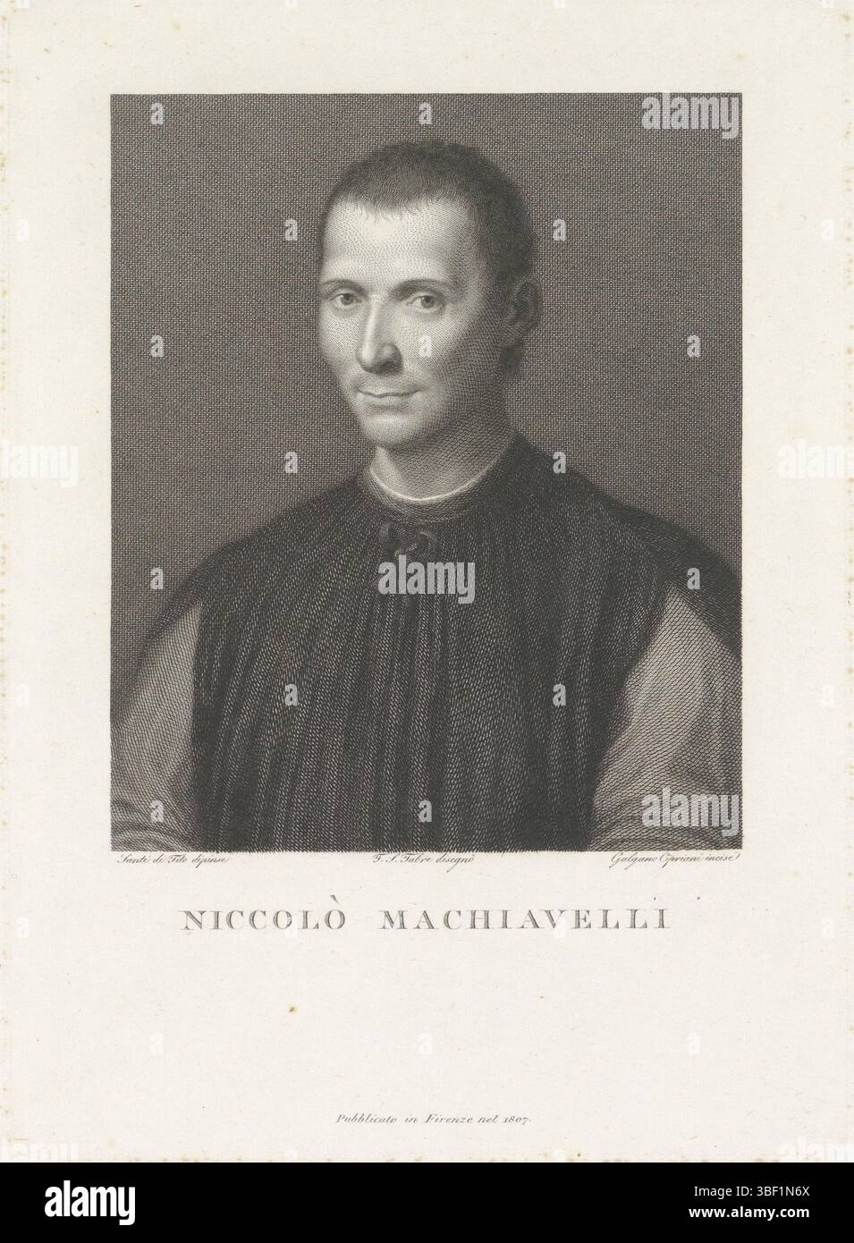 Italie, Santi di Tito, Fabre, François-Xavier, Italie, Cipriani, Galgano, Portrait de Niccolò Machiavelli, verso en bas à gauche, impression, verso - estampillé, hauteur 267 mm, largeur 195 mm, 1775 - 1857, imprimeur, 1807 - 1807, papier, gravure, gravure (procédé d'impression), 1766 - 1837, dessinateur intermédiaire, par dessin, italien, 1536-10-06 - 1603-07-24 Banque D'Images