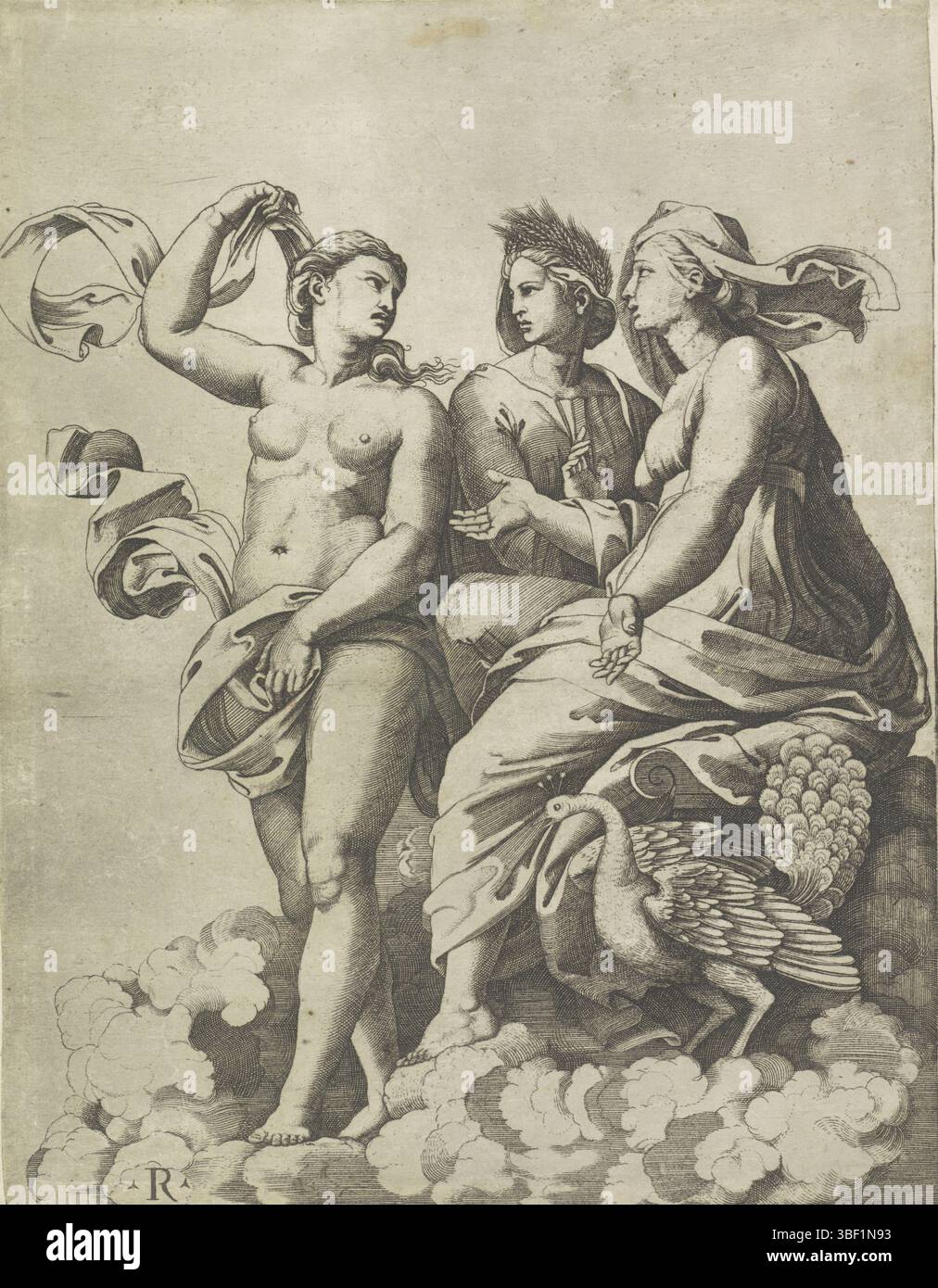 Italie, Raphaël, Italie, Dente, Marco, Juno, Cérès et Psyché, verso - estampillé, la Déesse Juno, Cérès et Psyché sur un nuage. A côté de Juno est un paon., impression, hauteur 257 mm, largeur 199 mm, italien, 1486 - 1527, graveur, 1498 - 1532, papier, gravure, gravure (procédé d'impression), conception d'oeuvre, 1483-04-07 - 1520-04-07 Banque D'Images