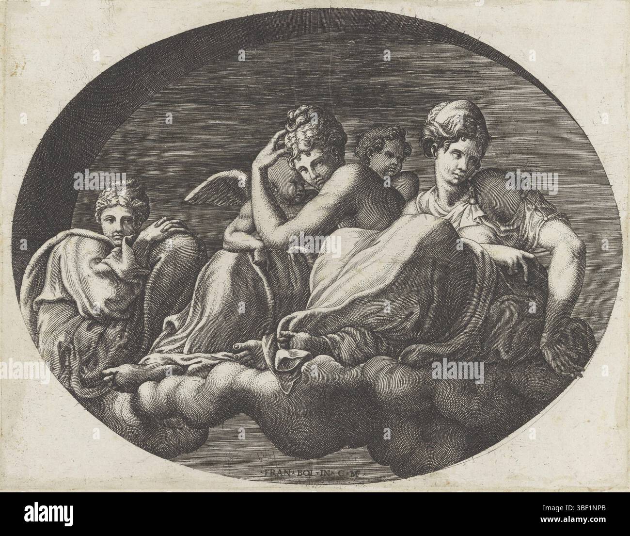 Fontainebleau, Primaticcio, Francesco, Italie, Ghisi, Giorgio, peintures de plafond ovales dans la Galerie d'Ulysse à Fontainebleau, Vénus, deux déesses et deux putti, verso - estampillé, deux déesses et deux putti sur nuages., impression, hauteur 190 mm, largeur 242 mm, italien, 1520 - 1582-1515, graveur, 1541 - 1582, papier, gravure, gravure (procédé d'impression), 1504-04-30 - 1570-09-14, après peinture de Banque D'Images