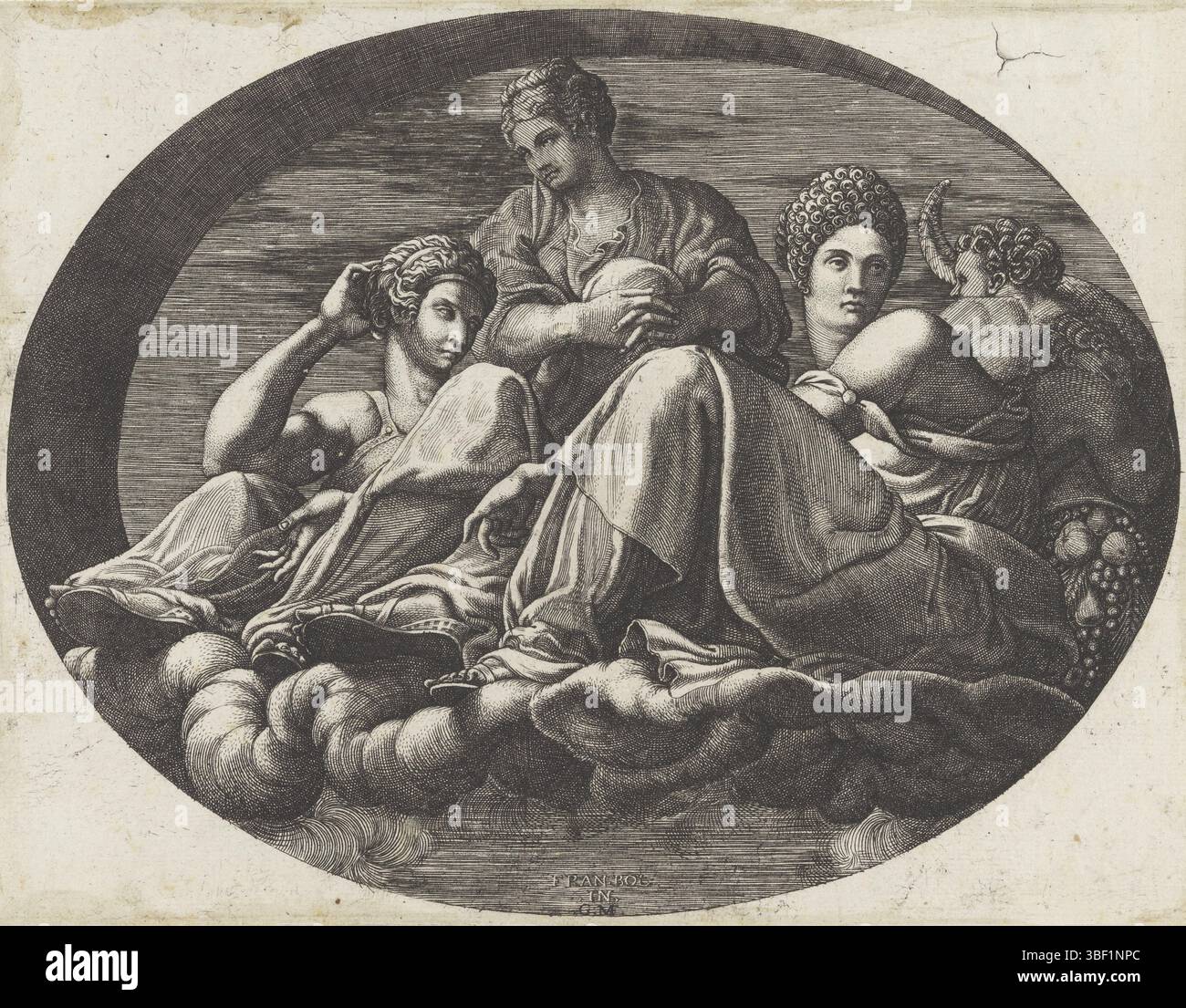 Fontainebleau, Primaticcio, Francesco, Italie, Ghisi, Giorgio, peintures de plafond ovales dans la Galerie d'Ulysse à Fontainebleau, Juno et autres déesses, estampillé verso, la déesse Juno, deux autres déesses et un putto sur les nuages., impression, hauteur 187 mm, largeur 243 mm, italien, 1520 - 1582-1515, graveur, 1541 - 1582, papier, gravure, 1504-04-30 - 1570-09-14, peinture de Banque D'Images