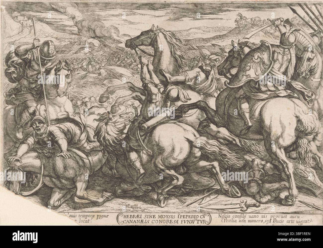 Rome, cour pontificale, Rome, Aelst, Nicolaus van, Italie, Tempesta, Antonio, scènes de bataille de l'ancien Testament, Hebrael sine Moysis iperio cv cananaels congressi fundutur, les Israélites vaincus par les Cananéens parce qu'ils ont désobéi à Moïse, verso - estampillé, Une rage de guerre des soldats à cheval. Les enfants d'Israël sont vaincus par les Cananéens parce qu'ils ont désobéi à Moïse. Titre et légende en latin dans la marge. Originellement numéroté 6 en performance en bas à gauche, mais ici le coin est arraché., impression, hauteur 204 mm, largeur 288 mm, italien, 1555 - 1630-08-05, imprimeur, 1613 - 1613, papier, et Banque D'Images