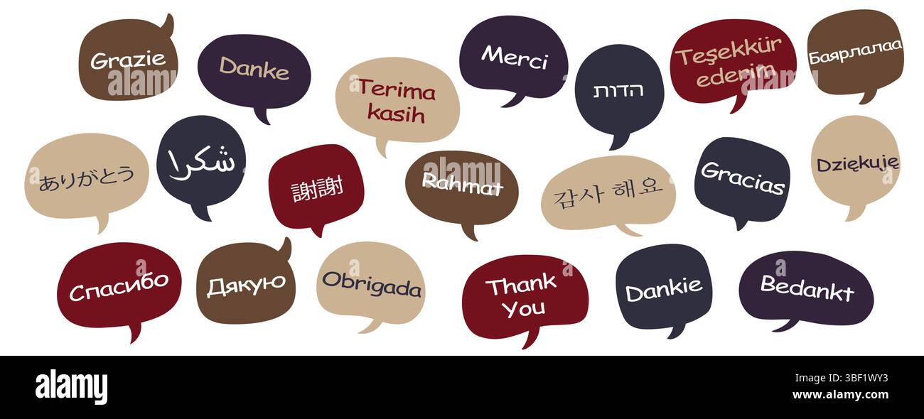 De nombreuses bulles colorées contenant des « remerciements » dans différentes langues disposées sur un fond blanc Illustration de Vecteur