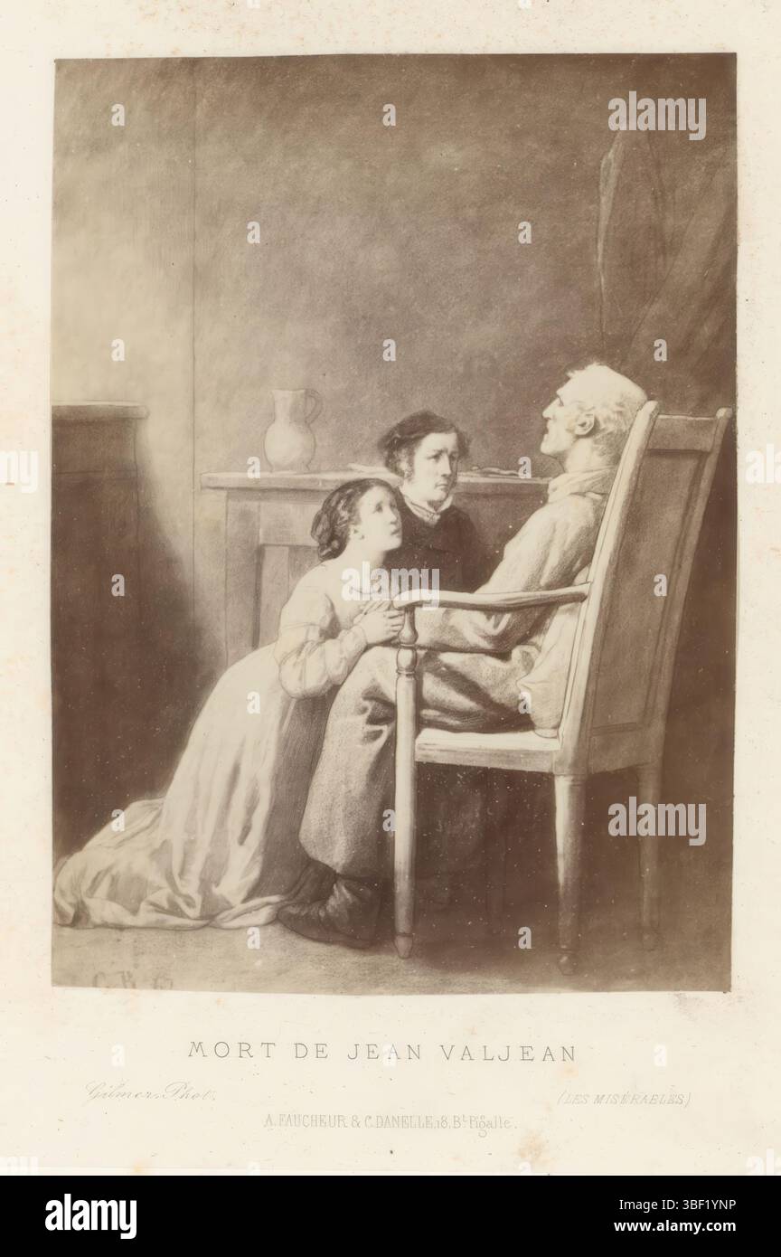 Paris, Danelle, C., Paris, faucheur, A., Brion, Gustave, Gilmer, mort de Jean Valjean, photoreproduction d'un dessin de la mort de Jean Valjean tiré des Misérables de Victor Hugo, recto-imprimé, photographie, photo, reproduction, page, photos, livres illustrés, (LES MISÉRABLES), A. FAUCHEUR & C. DANELLE, 18, Bt. Pigalle., hauteur 119 mm, largeur 86 mm, français, photographe, 1862 - 1862, papier photographique, papier photo, impression albumine, impression albumine, 1824-10-24 - 1877, rédacteur intermédiaire, après dessin, publication, éditeur Banque D'Images
