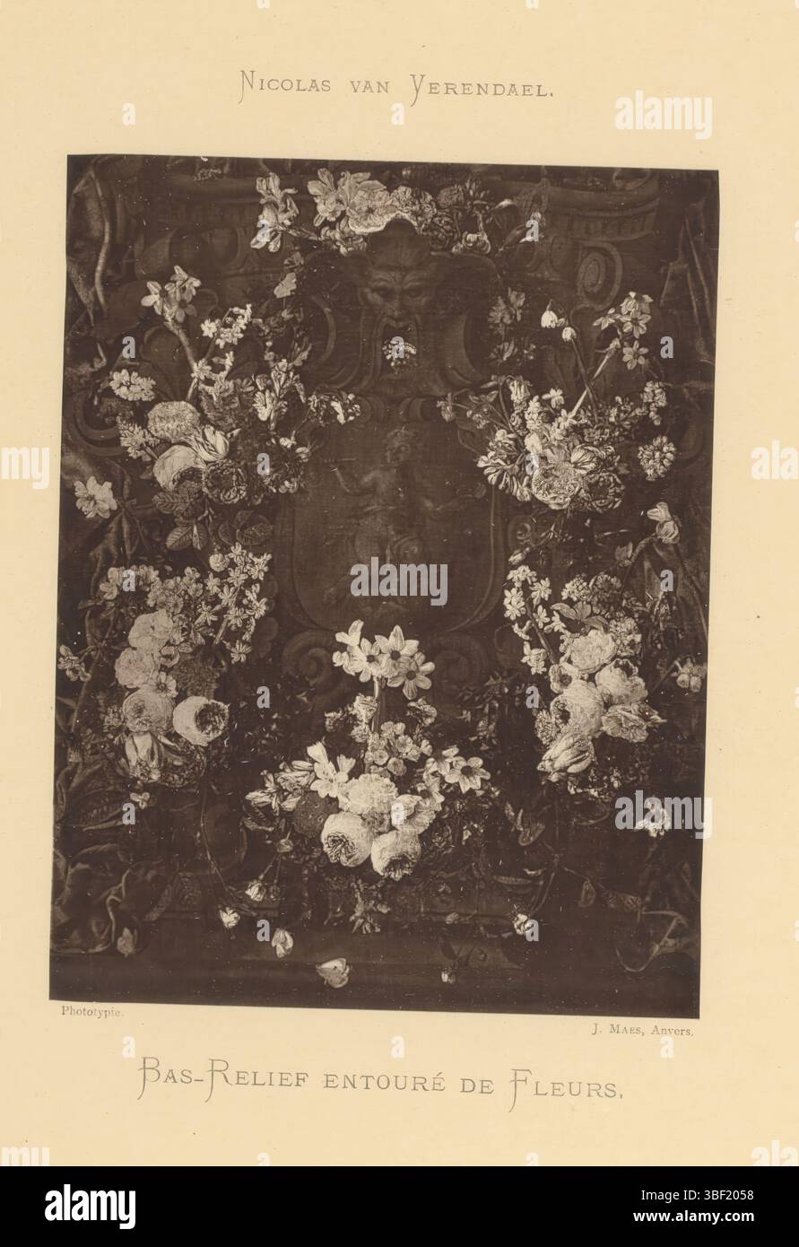 Veerendael, Nicolaes van, Antwerpen, Maes, Joseph, Anvers, Bas-relief entouré de fleurs, reproduction d'un tableau d'un relief avec putti entouré de fleurs, tirage photomécanique, page, reproduction, photographies, livres illustrés, hauteur 151 mm, largeur 120 mm, belge, 1838 - 1908, photographe, 1873 - 1878, papier, Woodburytype, clichémaker, néerlandais, 1640-02-19 - 1691-08-11 Banque D'Images
