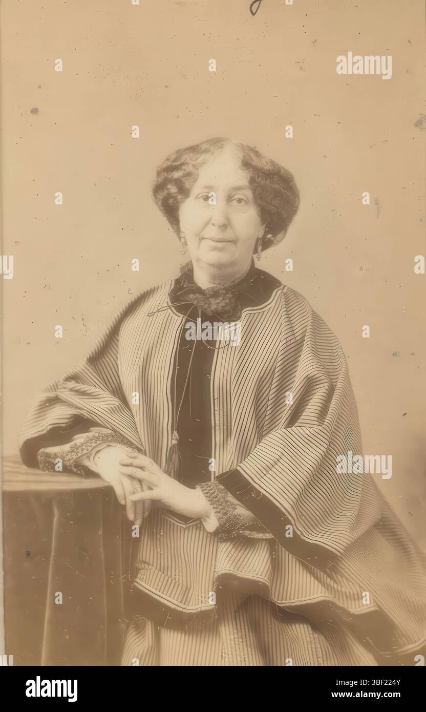 Paris, Nadar, Portrait de George Sand, Paris, verso - imprimé, cette photo fait partie d'un album., photographie, photo, carte-de-visite, feuille d'albumsheet, photos, George Sand FR. écrivain/ 1804-1876 (Nadar 1864), recto-manuscrit, G. Sand, 1864, verso-manuscrit, Nadar/25, Boulevard des Capucines, hauteur 83 mm, largeur 51 mm, Français, photographe, 1864 - 1864, papier photographique, papier photo, carton, impression d'album, impression d'albumine Banque D'Images