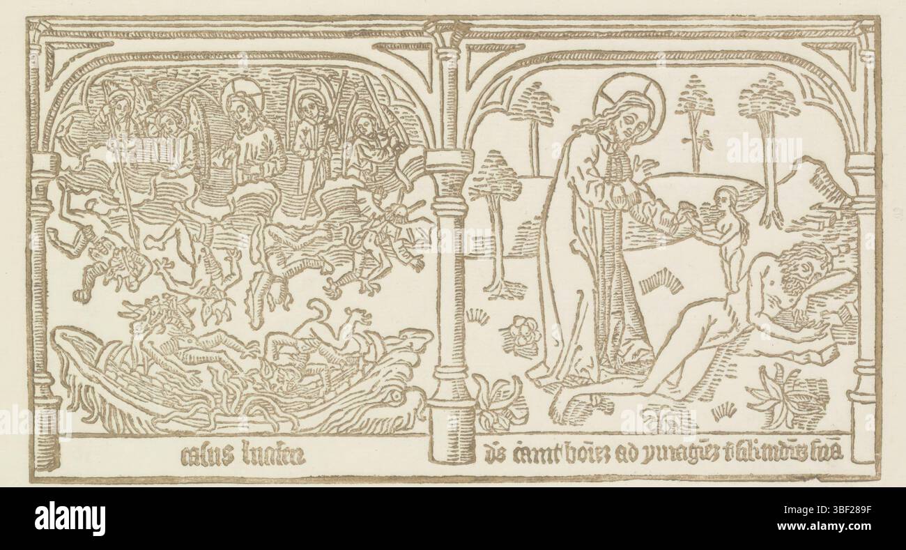 Haarlem, Enschedé, Johannes (I), Haarlem, Noorde, Cornelis van, Val van Lucifer (Satan) et la création d'Eve, verso en bas à gauche - estampillé, gauche la chute de Lucifer (Satan) et droite la création d'Eve à partir d'une côte d'Adam. Dans un cadre deux lignes de texte latin. Ci-dessous sont deux colonnes avec texte néerlandais., impression, hauteur 336 mm, largeur 231 mm, Noord-Nederlands, 1731-03-12 - 1795-10-16, graveur, 1762 - 1762, papier, gravure sur bois, typographie, livret, 1708 - 1780, imprimante Banque D'Images