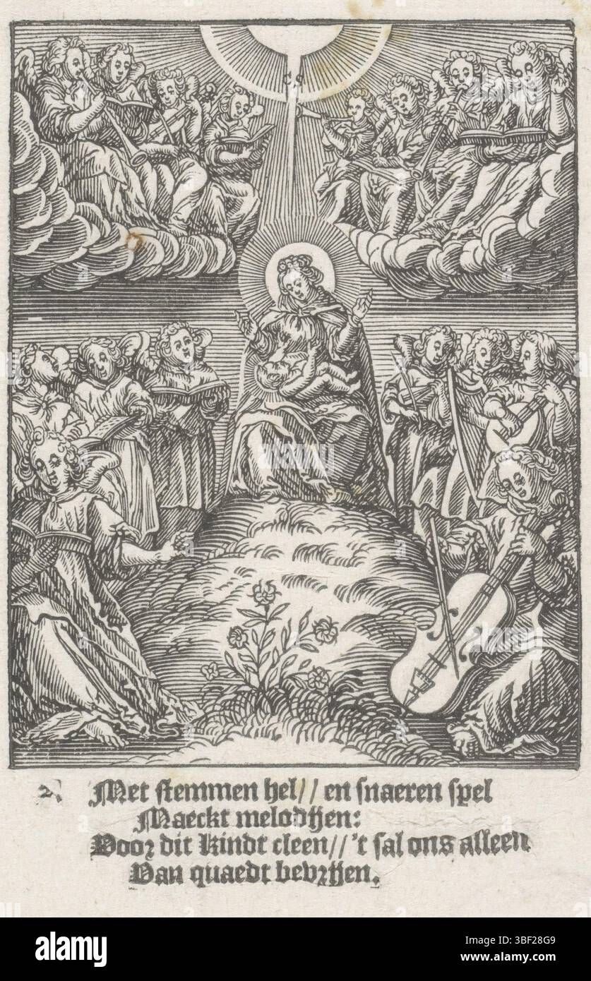 Wierix, Hieronymus, Amsterdam, Chechem, Christoffel van (II), de kindsheyd onzes lorden Iesu Christi, Jeunesse du Christ, chœurs angéliques autour du Christchild, verso gauche sous - estampillé, Marie est assise avec l'enfant Christ sur ses genoux sur une colline. Ils sont entourés d'anges musicaux et chantants. Dans la marge inférieure, quatre lignes texte néerlandais., impression, hauteur 137 mm, largeur 84 mm, Noord-Nederlands, 1581 - 1658-07-02, graveur, 1617 - 1617, papier, gravure sur bois, typographie, livre, conception d'œuvres, Zuid-Nederlands, 1553 - 1619-11-01 Banque D'Images
