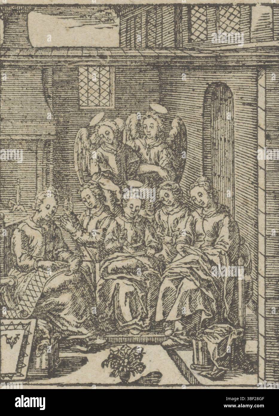 Wierix, Hieronymus, Amsterdam, Chechem, Christoffel van (II), de kindsheyd onses heeren Iesu Christi, Jeugd van Christ, Christkind entre les femmes ennuyées, verso gauche sous - estampillé, Het Christkind et deux anges se tiennent entre quatre femmes qui brodent., impression, hauteur 87 mm, largeur 65 mm, Noord-Nederlands, 1581 - 1658-07-02, graveur, 1617 - 1658, papier, gravure sur bois, conception de travaux, Zuid-Nederlands, 1553 - 1619-11-01 Banque D'Images