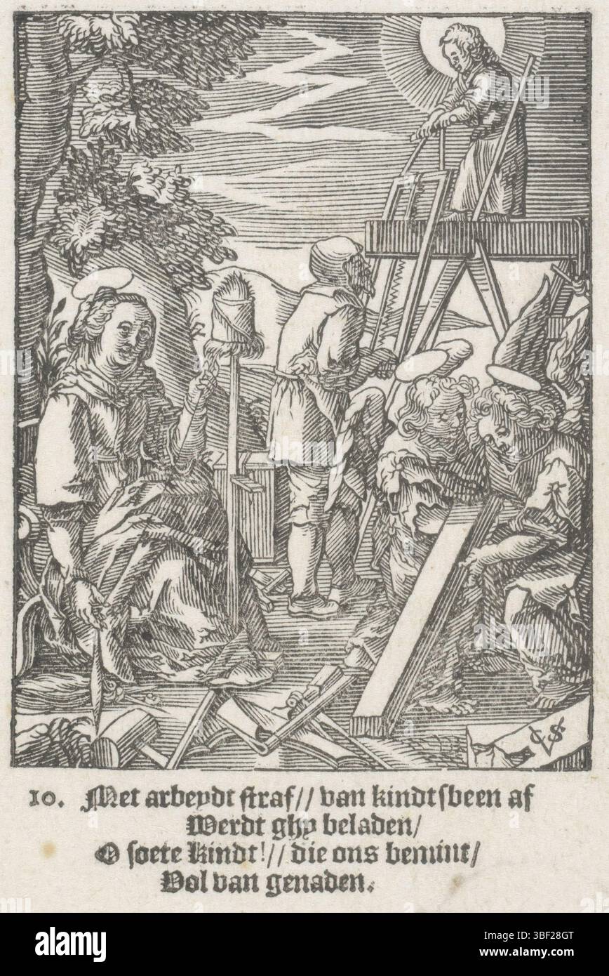 Wierix, Hieronymus, Amsterdam, Chechem, Christoffel van (II), de kindsheyd onzes lorden Iesu Christi, Jeunesse du Christ, Christkind aide Jozef à scier, verso gauche sous - estampillé, le Christchild voit avec son père Joseph. Deux anges au premier plan soulèvent une poutre. Maria file le fil. Dans la marge inférieure, quatre lignes texte néerlandais., impression, hauteur 136 mm, largeur 86 mm, Noord-Nederlands, 1581 - 1658-07-02, graveur, 1617 - 1617, papier, gravure sur bois, typographie, livre, conception d'œuvres, Zuid-Nederlands, 1553 - 1619-11-01 Banque D'Images