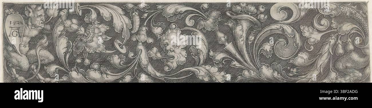 Aldegver, Heinrich, Allemagne, Aldegver, frites avec des feuilles de vigne et un sater, verso milieu sous - manuscrit, frites avec des feuilles de vigne. Sur la gauche est un satyre avec un bouclier, au milieu court une branche d'un masque et sur la droite est un dauphin avec un pied de lion., impression, impression d'ornement, impressions, 16, hauteur 37 mm, largeur 166 mm, allemand, 1502 - 1561, graveur, 1532 - 1532, deuxième quart XVIe siècle, papier, gravure, gravure (procédé d'impression), conception d'œuvres, selon sa propre conception Banque D'Images