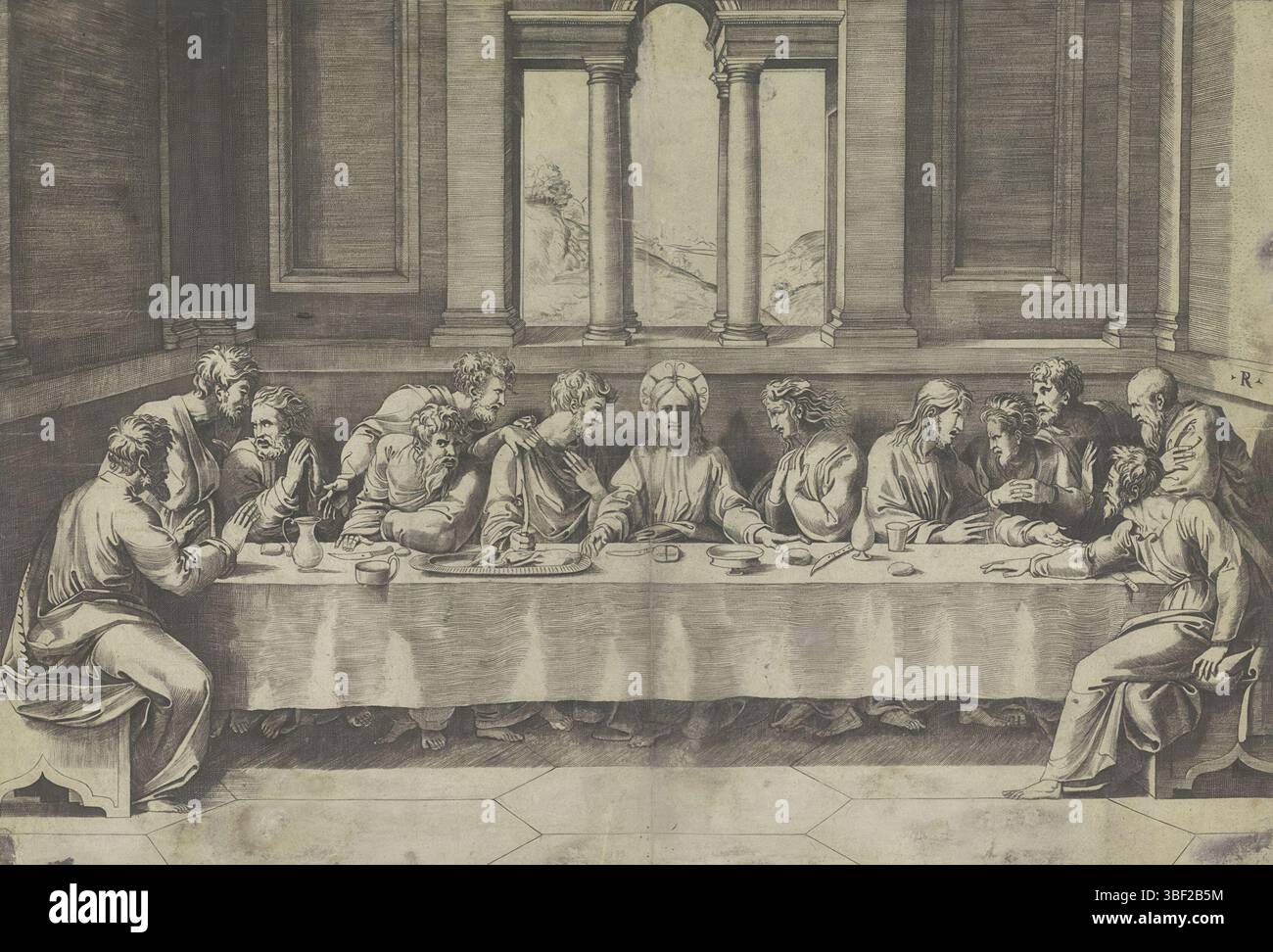 Italie, Raphaël, Italie, Dente, Marco, dernière Cène, verso - estampillé, Christ et ses douze disciples assis autour d'une table. Par une fenêtre sur la vue de fond sur un paysage., impression, hauteur 295 mm, largeur 432 mm, italien, 1486 - 1527, graveur, 1508 - 1532, papier, gravure, gravure (procédé d'impression), conception d'oeuvre, 1483-04-07 - 1520-04-07 Banque D'Images