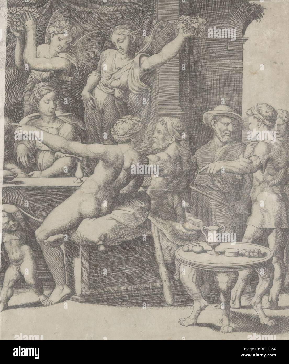 Italie, Raphaël, Italie, Maître des dés, mariage d'Amor et Psyché, verso - estampillé, banquet pendant le mariage d'Amor et Psyché. Derrière une longue table se trouvent Amor et Psyché ainsi que d'autres personnages. Sur la droite se trouvent Vénus et Hercule et au premier plan un putto soulève la nappe et se trouve la flèche et l'arc d'Amor sur le sol. Derrière la table trois Horae (déesses des saisons avec ailes de papillon., impression, hauteur 295 mm, largeur 253 mm, italien, allemand, graveur, 1530 - 1560, papier, gravure, gravure (procédé d'impression), ton de plaque, 1483-04-07 - 1520-04-07, après paintin Banque D'Images