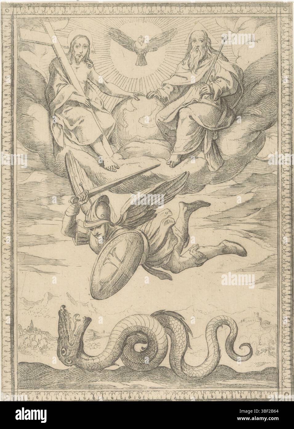 Italie, Tempesta, Antonio, histoire de l'ordre de Saint Joris, Isagogia historia de Constantino max : imperatore instatuta militia angelicae aureatae Constantinianae sub titulo magni martyris S Georgii, Archange Michel tue le dragon, Italie, verso - estampillé, l'archange Michel, flottant avec épée et bouclier, tue le dragon. Ci-dessus sont Dieu le Père, Christ et le Saint-esprit flottant sous la forme d'un pigeon., impression, hauteur 179 mm, largeur 131 mm, italien, 1555 - 1630-08-05, graveur, 1565 - 1630, papier, gravure, gravure Banque D'Images Italie, Tempesta, Antonio, histoire de l'ordre de Saint Joris, Isagogia historia de Constantino max : imperatore instatuta militia angelicae aureatae Constantinianae sub titulo magni martyris S Georgii, Archange Michel tue le dragon, Italie, verso - estampillé, l'archange Michel, flottant avec épée et bouclier, tue le dragon. Ci-dessus sont Dieu le Père, Christ et le Saint-esprit flottant sous la forme d'un pigeon., impression, hauteur 179 mm, largeur 131 mm, italien, 1555 - 1630-08-05, graveur, 1565 - 1630, papier, gravure, gravure Banque D'Images