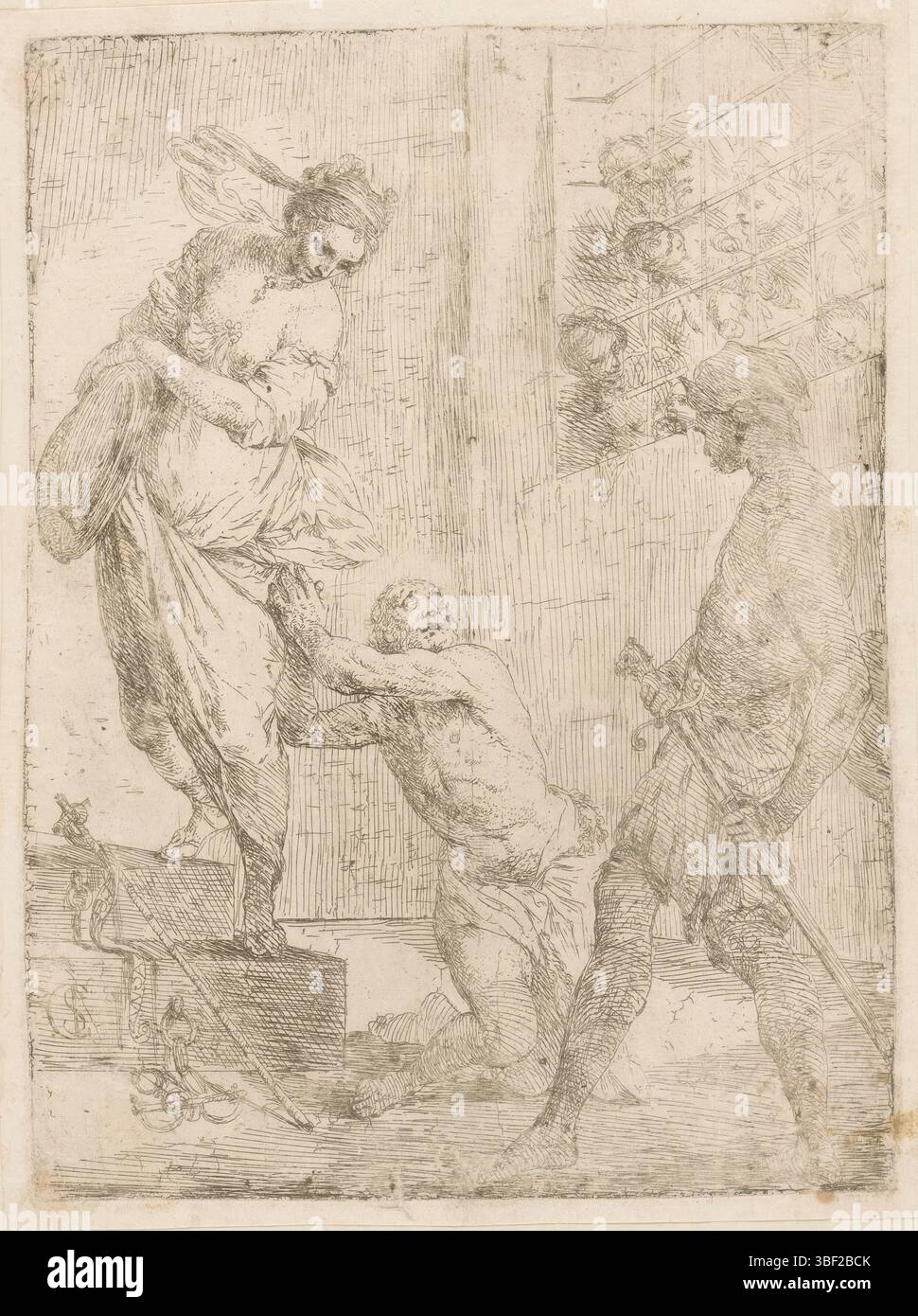 Italie, Saraceni, Carlo, décapitation de Jean-Baptiste, Italie, verso - estampillé, Jean-Baptiste agenouillé devant un bourreau sur le point de tirer son épée. Sur la gauche, Salomé se tient sur une élévation avec dans ses mains le plat sur lequel elle apportera la tête de Jean à Hérode et Hérode. Droit regardant les prisonniers derrière les barreaux., impression, largeur 181 mm, hauteur, 134 mm, italien, 1579 - 1620-06-16, imprimeur, 1589 - 1620, papier, gravure, gravure Banque D'Images