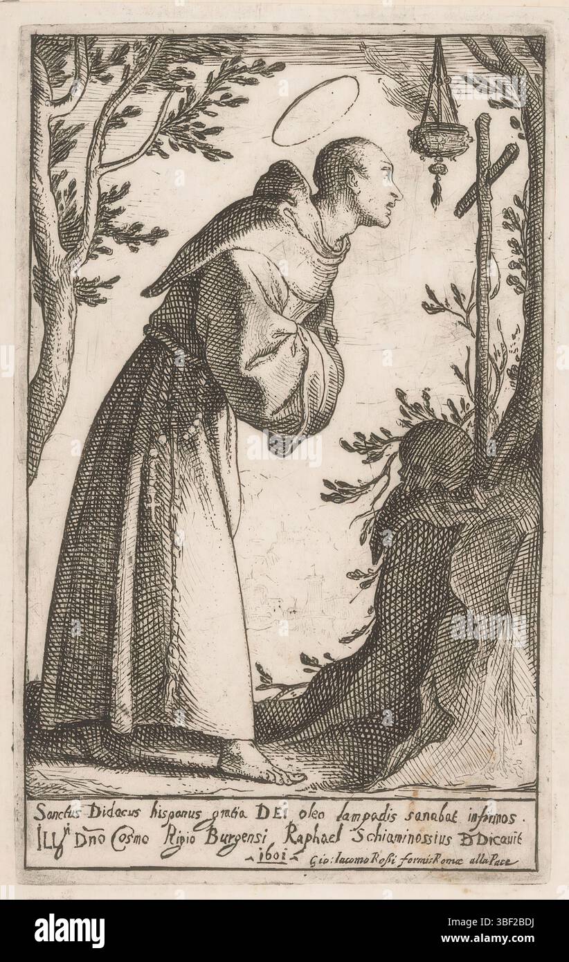 Rome, Rossi, Giovanni Giacomo de', Italie, Schiaminossi, Raffaello, Saint Didacus de Alcalá, Rome, verso - estampillé, Saint Didacus de Alcalá avec croix droite et crâne., impression, hauteur 156 mm, largeur 97 mm, italien, 1572 - 1622, graveur, 1601 - 1601, papier, gravure, publication (événement), publication, 1627 - 1691, éditeur Banque D'Images