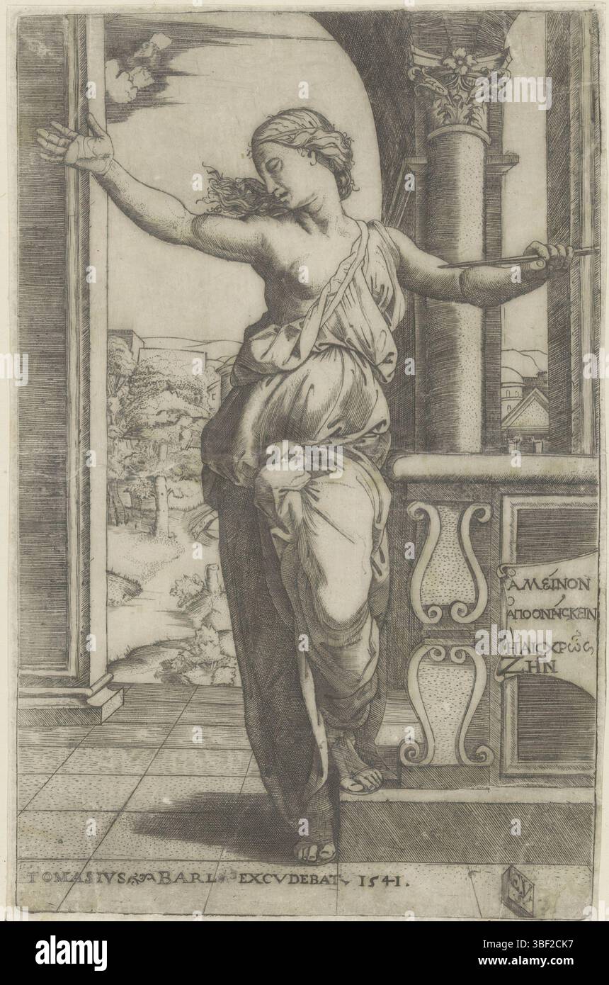 Rome, Barlacchi, Tommaso, Italie, Raphaël, Raimondi, Marcantonio, Vico, Enea, suicide de Lucrèce, Rome, caché au verso, Lucrèce est sur le point de traverser avec un poignard. En arrière-plan un regard à travers un paysage. A droite un texte en grec., impression, hauteur 205 mm, largeur 134 mm, italien, 1523 - 1567, graveur, 1541 - 1541, papier, gravure, gravure (procédé d'impression), gravure, platine, conception de travail, 1482 - 1534, After print of, Work concept, 1483-04-07 - 1520-04-07, After design, publication (événement), publication, éditeur Banque D'Images