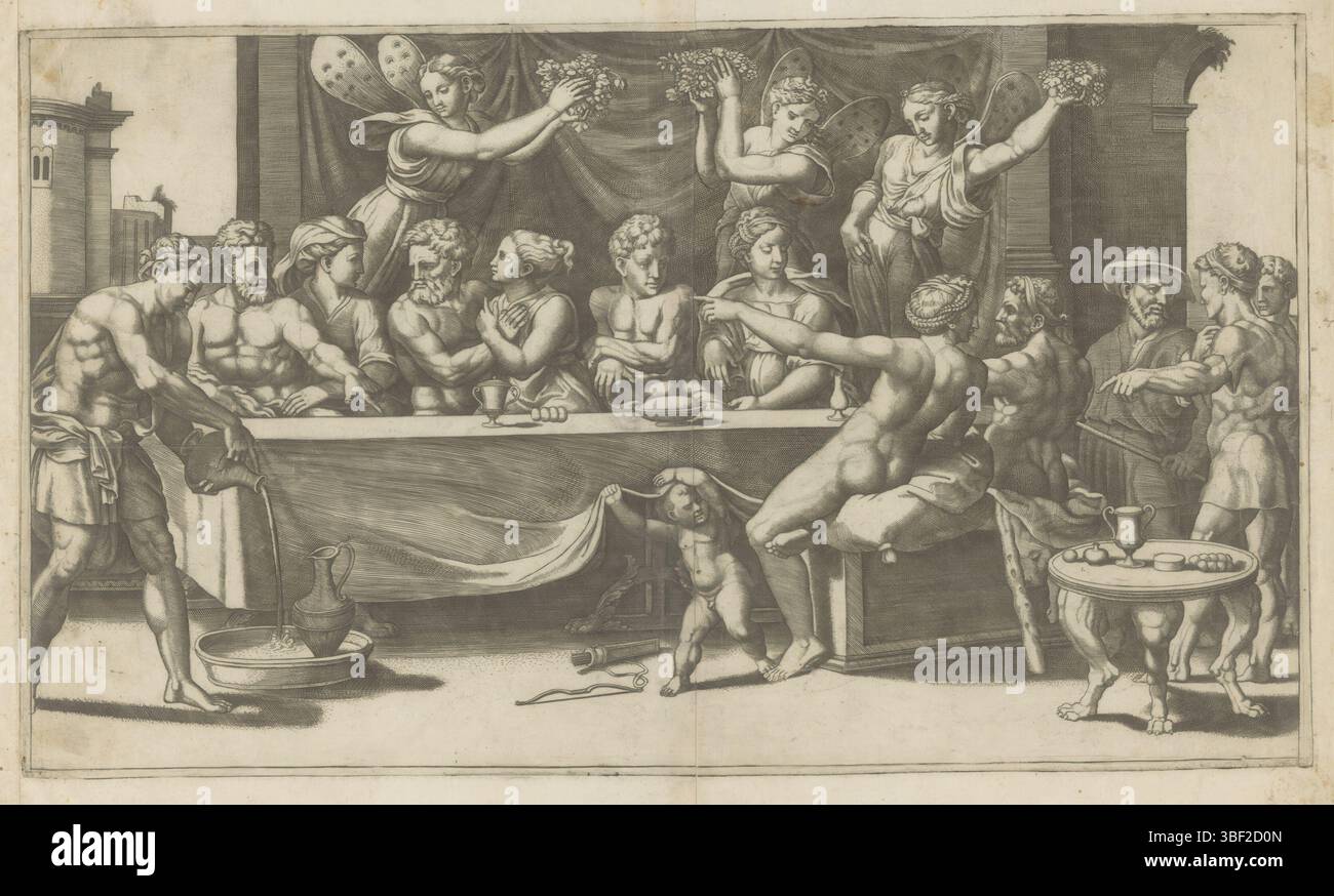 Italie, Raphaël, Italie, Maître des dés, mariage d'Amor et Psyché, verso - estampillé, banquet pendant le mariage d'Amor et Psyché. Derrière une longue table se trouvent Amor et Psyché ainsi que d'autres personnages. Sur la droite se trouvent Vénus et Hercule et au premier plan un putto soulève la nappe et se trouve la flèche et l'arc d'Amor sur le sol. Derrière la table trois Horae (déesses des saisons) avec ailes de papillon., impression, hauteur 340 mm, largeur 284 mm, largeur 254 mm, italien, Allemand, imprimeur, 1530 - 1560, papier, gravure, gravure (procédé d'impression), ton de plaque, 1483-04-07 - 1520-04-07 Banque D'Images
