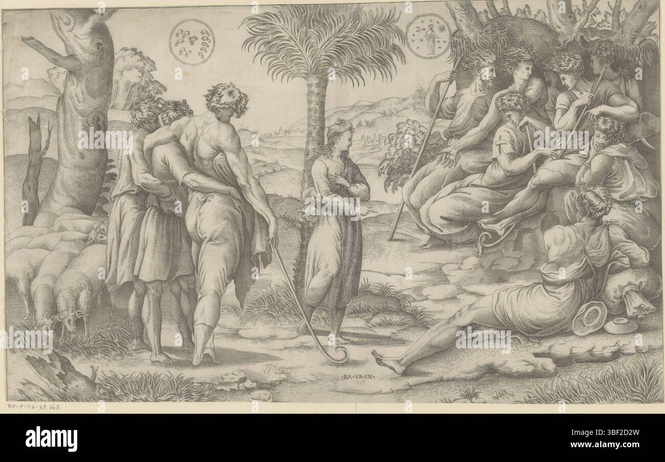 Italie, Raphaël, Italie, Joseph raconte ses rêves à ses frères, verso - estampillé, Joseph se tient au milieu d'un palmier. Droite et gauche sont onze frères et un paysage en arrière-plan., impression, hauteur 232 mm, largeur 376 mm, graveur, 1493 - 1570, papier, gravure, gravure (procédé d'impression), 1483-04-07 - 1520-04-07, après peinture de Banque D'Images