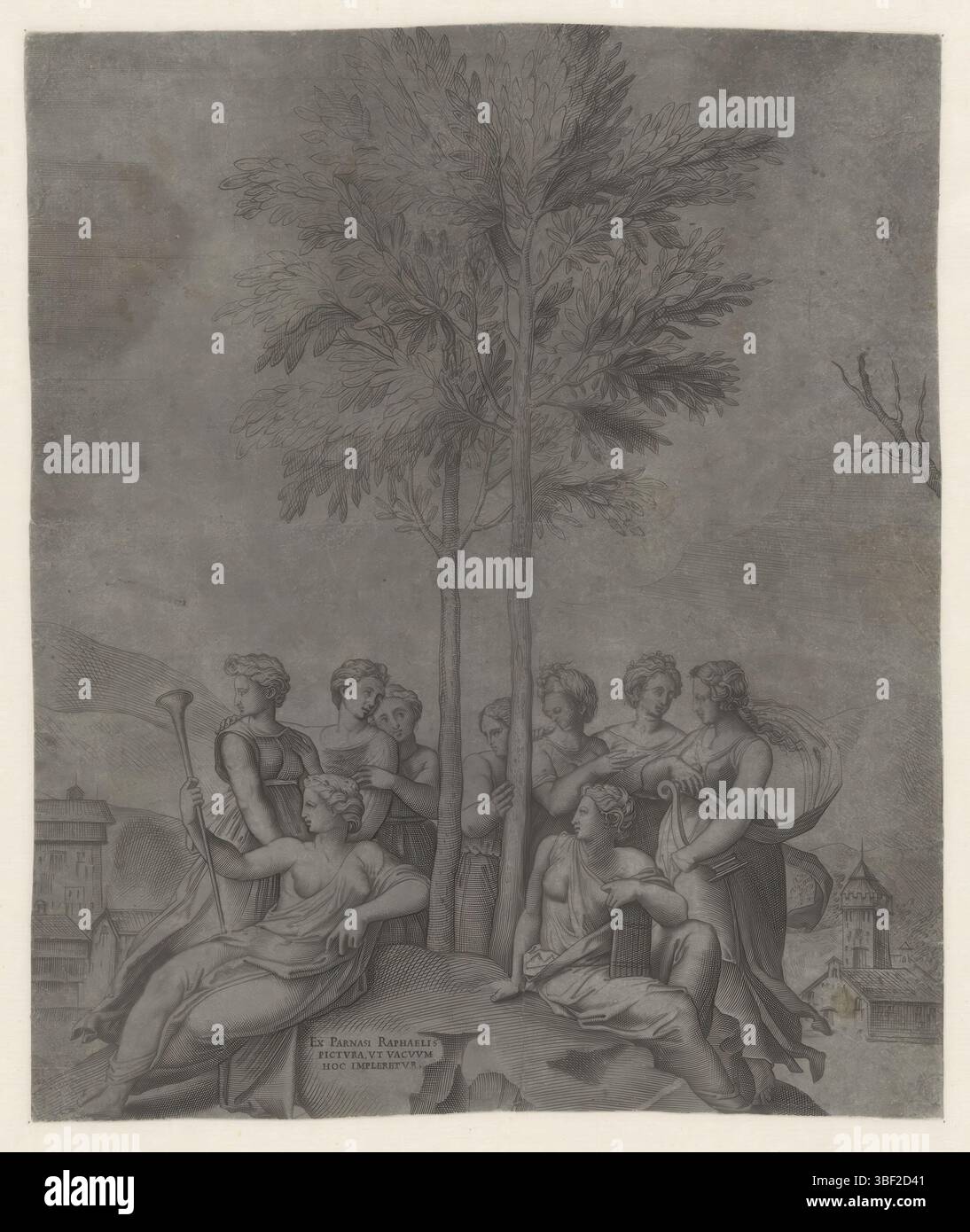 Italie, Raphaël, Italie, Muzen sur le mont Parnasse, verso - estampillé, le neuf Muzen sur le mont Parnasse. Trois des Musiens tiennent un instrument de musique. Paysage en arrière-plan., impression, hauteur 245 mm, largeur 205 mm, graveur, 1511 - 1511, papier, gravure, gravure (procédé d'impression), 1483-04-07 - 1520-04-07, après peinture de Banque D'Images
