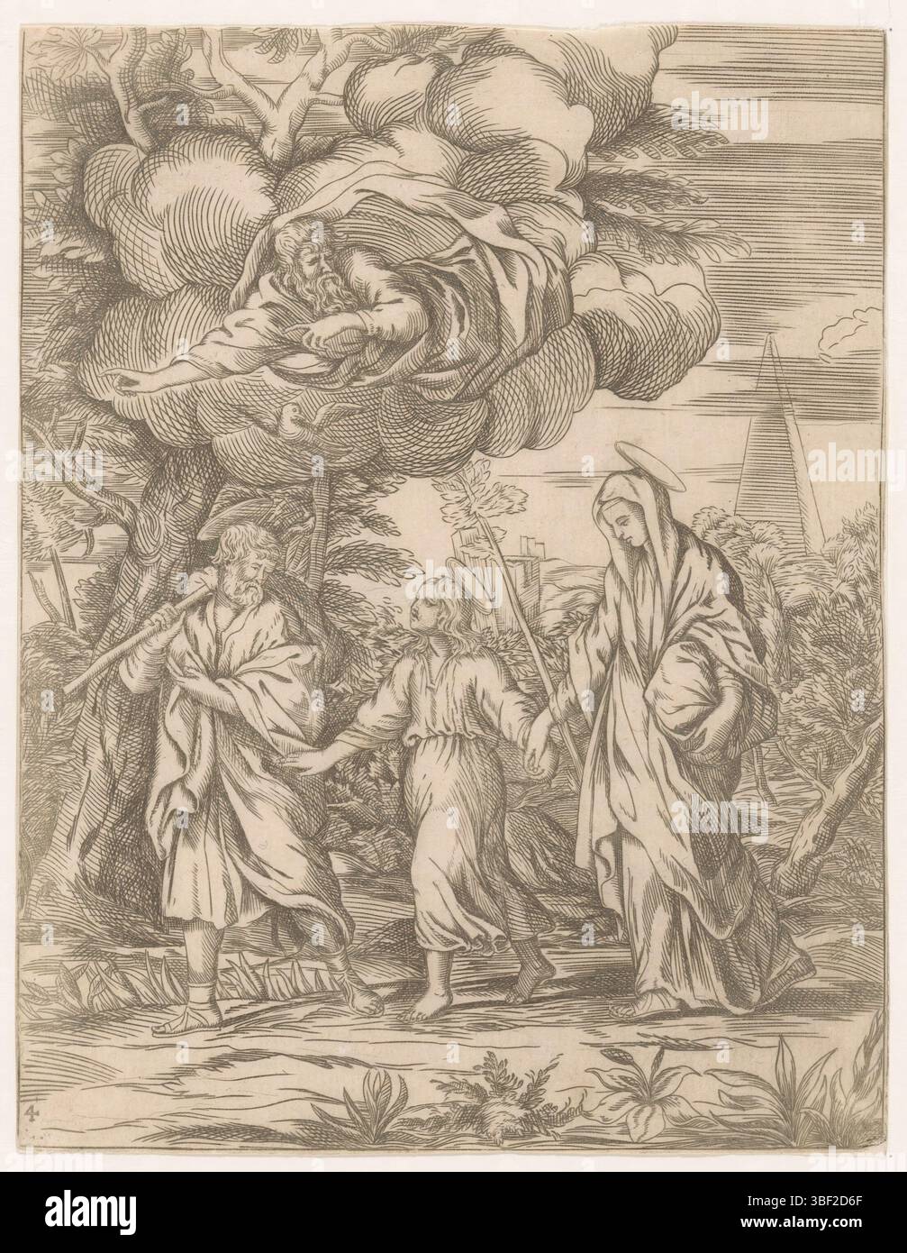 Italie, retour d'Egypte, Italie, verso - estampillé, Joseph et Marie reviennent d'Egypte avec le jeune Christ. Dans le ciel Dieu le Père et le Saint-esprit comme des colombes. Numéroté en bas à gauche : 4., impression, hauteur 156 mm, largeur 121 mm, imprimeur, 1500 - 1599, papier, gravure, gravure (procédé d'impression)' Banque D'Images Italie, retour d'Egypte, Italie, verso - estampillé, Joseph et Marie reviennent d'Egypte avec le jeune Christ. Dans le ciel Dieu le Père et le Saint-esprit comme des colombes. Numéroté en bas à gauche : 4., impression, hauteur 156 mm, largeur 121 mm, imprimeur, 1500 - 1599, papier, gravure, gravure (procédé d'impression)' Banque D'Images