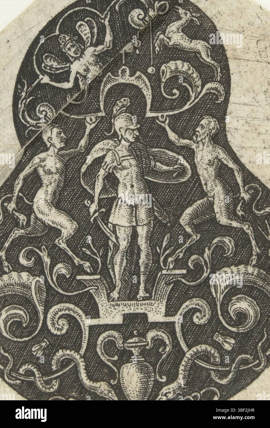 France, Delaune, Etienne, France, ornement avec guerrier, Stephanus de Lavne inventeur excidébat anno do.1573, mars, flanqué de deux saters, de série de 8 feuilles avec des décorations plates en forme de poire., impression, impression d'ornement, impressions, impressions d'ornement, hauteur 48 mm, largeur 39 mm, Français, 1519 - 1583, imprimeur, 1528 - 1573, deuxième quart XVIe siècle, troisième quart XVIe siècle, papier, gravure, gravure (procédé d'impression), conception d'œuvres, par conception de, publication (événement), publication, éditeur Banque D'Images