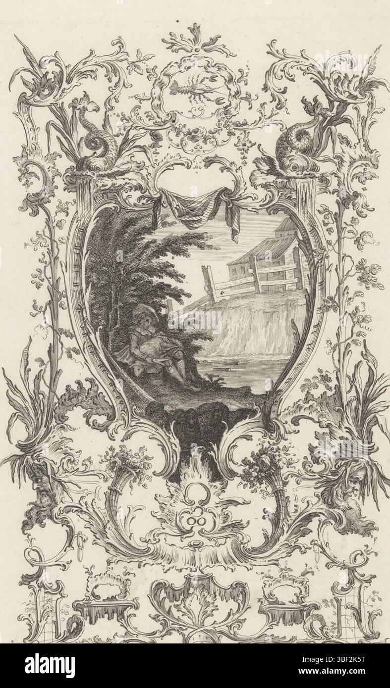 Augsbourg, Hertel, Johann Georg (I), Rösch, Georg Sigmund, six premiers mois de l'année, Iunius, juin, Augsbourg, verso - estampillé, dans un cartouche de rocaille un paysage dans lequel un berger rase un mouton. Autour du spectacle des ornements de rocaille, un homard et le signe associé du zodiaque. Numéro d'édition 74., impression, impressions ornementales, impressions, hauteur 295 mm, largeur 185 mm, graveur, 1705 - 1766, papier, gravure, allemand - 1766, rédacteur intermédiaire, par dessin, publication (événement), publication, 1695 - 1775, éditeur Banque D'Images