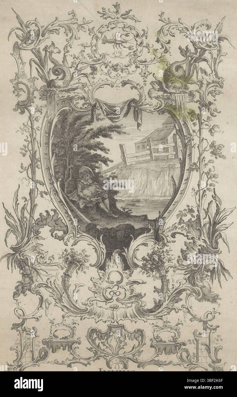 Augsbourg, Hertel, Johann Georg (I), Rösch, Georg Sigmund, six premiers mois de l'année, Iunius, juin, Augsbourg, verso - estampillé, dans un cartouche de rocaille un paysage dans lequel un berger rase un mouton. Autour du spectacle des ornements de rocaille, un homard et le signe associé du zodiaque. Numéro d'édition 74., impression, impressions ornementales, impressions, hauteur 294 mm, largeur 186 mm, graveur, 1705 - 1766, papier, gravure, gravure, gravure (procédé d'impression), allemand - 1766, dessinateur intermédiaire, par dessin, publication (événement), publication, 1695 - 1775, éditeur Banque D'Images