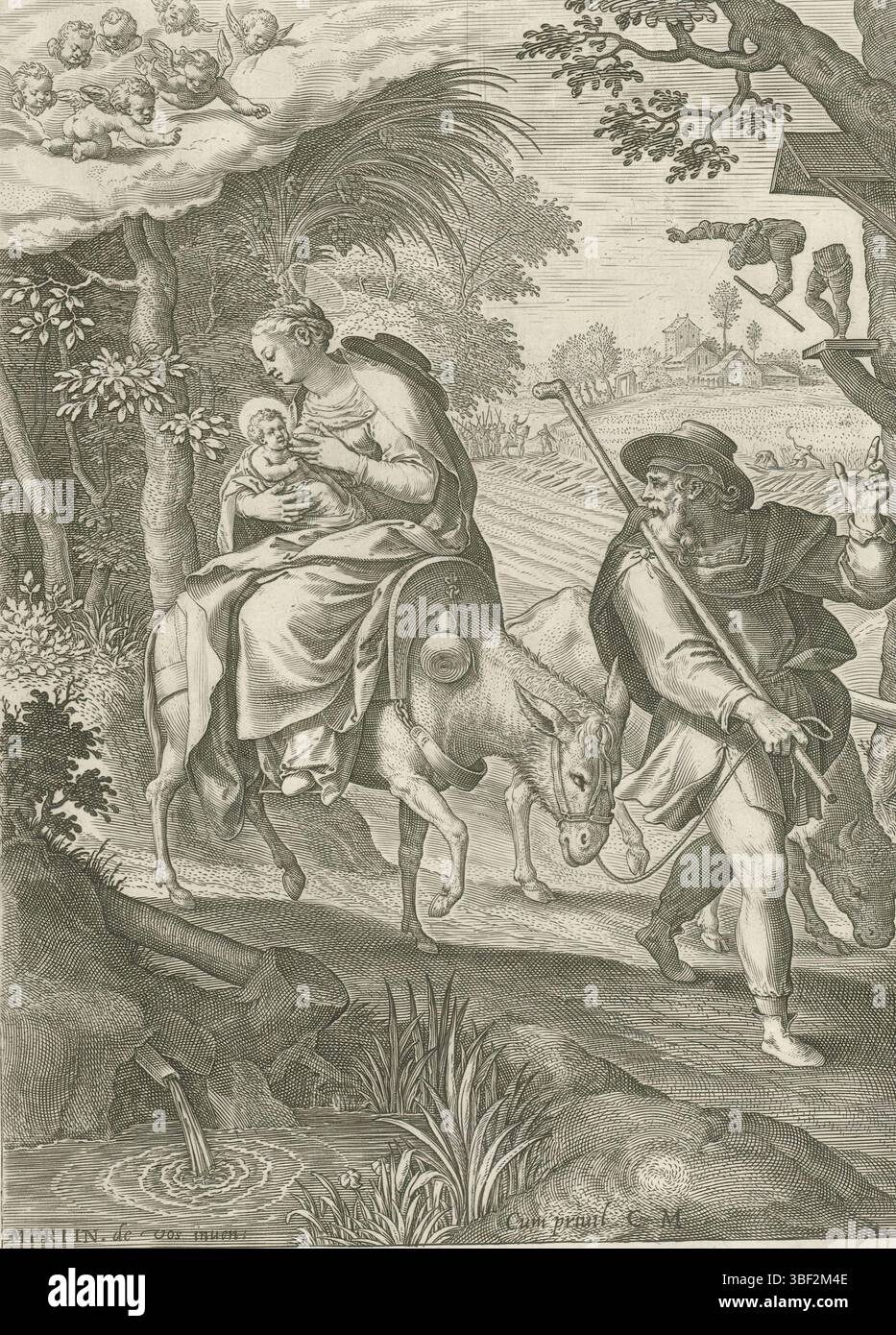 Rodolphe II de Habsbourg (empereur allemand), Sadeler, Johann (I), Fox, Maerten de, Cologne, naissance et premières années du Christ, vol vers l'Egypte, verso au milieu - estampillé, la Sainte famille voyageant en Egypte. Joseph à pied et Marie avec l'enfant Christ dans les bras sur un âne. En haut à droite d'une chapelle sur un arbre une statue de dieux se brise en deux. Sur la gauche un groupe d'anges dans le ciel. En arrière-plan un champ de maïs avec des moissonneuses et l'armée d'Hérode à la recherche de l'enfant Christ. L'estampe a une légende biblique latine et est la huitième estampe d'une douzième série sur la naissance et les premières années Banque D'Images