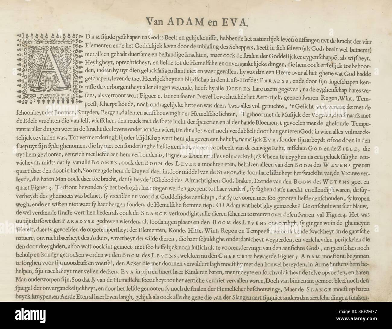 Alkmaar, Schabaelje, Jan Philipsz, Alkmaar, Brekegeest, Simon Cornelisz, Den Grooten Figuer-Bibel, Van Adam et Eve, Textsheet pour une série de tirages sur la création et la chute. Cette feuille fait partie d'un album., feuille de texte, feuille d'album, impressions, hauteur 258 mm, largeur 320 mm, 1592 - 1656-04, écrivain, 1646 - 1646, papier, typographie, impression de livret, gravure sur bois, imprimeur, publication (événement), publication, éditeur Banque D'Images