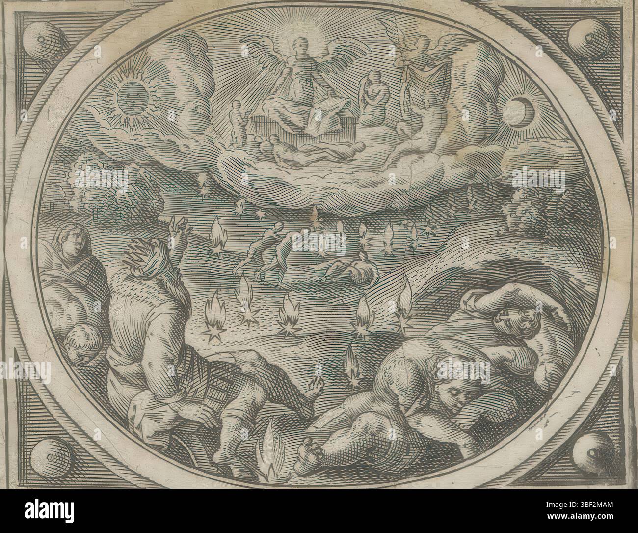 Alkmaar, Schabaelje, Jan Philipsz, Amsterdam, Visscher, Claes Jansz. (II), Snellinck, Jan (I), Collaert, Adriaen, den Grooten Figuer-Bibel, Icones Revelationum S Iohs Evangelist in Pathmo, révélation de Johannes sur Patmos, Van den Apocalipsis ort Openbaeringh Iohannis, les âmes ont reçu des vêtements blancs et les étoiles brûlantes tombent sur terre, en bas à droite sur la feuille d'album - écrit à l'encre brune, ouvrant le cinquième sceau : à un autel se tiennent les âmes, qui reçoivent tous les vêtements blancs. Parmi eux, l'ouverture du sixième sceau : les étoiles brûlantes tombent sur terre après un tremblement de terre. Sous la représentation une référence i Banque D'Images