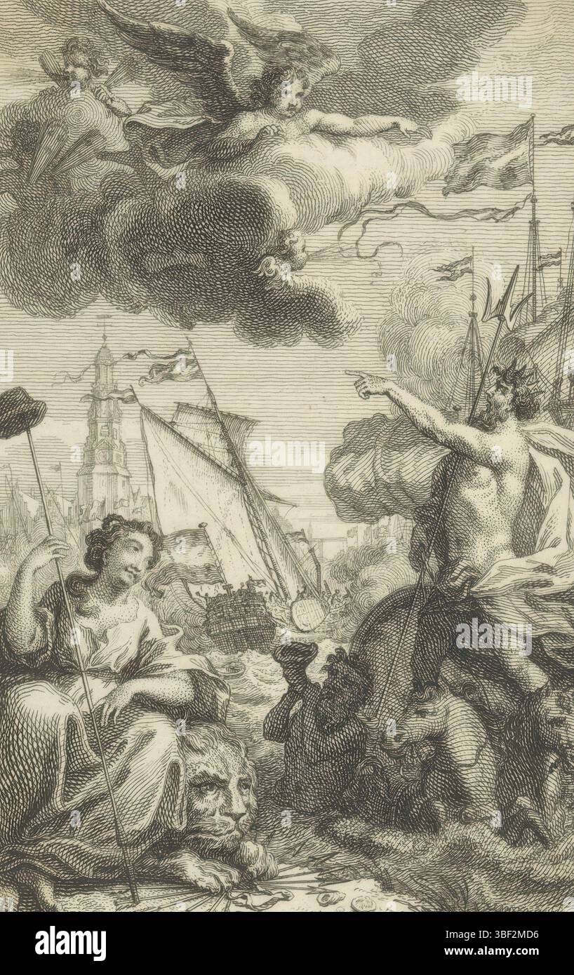 Amsterdam, inconnu, Fokke, Simon, Allegorie avec l'arrivée de Willem IV à la Haye, 1747, Amsterdam, verso - estampillé, Allegorie avec l'arrivée du Prince Willem IV à la Haye, 29 avril 1747. Au premier plan se trouve la Vierge néerlandaise avec le chapeau de la liberté, avec elle se trouve le lion néerlandais avec sept flèches. Sur la droite, Neptune navigue sur son char tiré par des chevaux et pointe vers les dieux du vent sur les nuages. En arrière-plan, les navires avec pendentifs hollandais naviguent en mer vers la Haye., print, hauteur mm, largeur mm, Noord-Nederlands, 1712-09-01 - 1784-04-10, graveur, 1747 - 1747, papier, gravure, gravine Banque D'Images