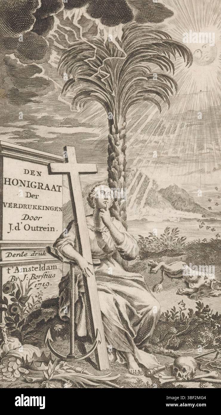 Amsterdam, Borstius, Jacobus, page d'accueil pour : Johannes d'Oustrein, le nid d'abeille des tribulations, 1719, femme avec croix et ancre au palmier, Amsterdam, verso - estampillé, une figure de femme allégorique est assise avec croix et ancre devant un palmier et regarde suspicieusement vers le haut. A gauche, la foudre frappe l'arbre, le soleil brille à droite. À ses pieds se trouvent un sac à main, une couronne, un sceptre, une branche de palmier et un crâne. En arrière-plan une peau de lion entourée d'abeilles., impression, page de titre, impressions, hauteur 138 mm, largeur 86 mm, graveur, 1719 - 1719, papier, gravure, gravure (processus d'impression), P Banque D'Images