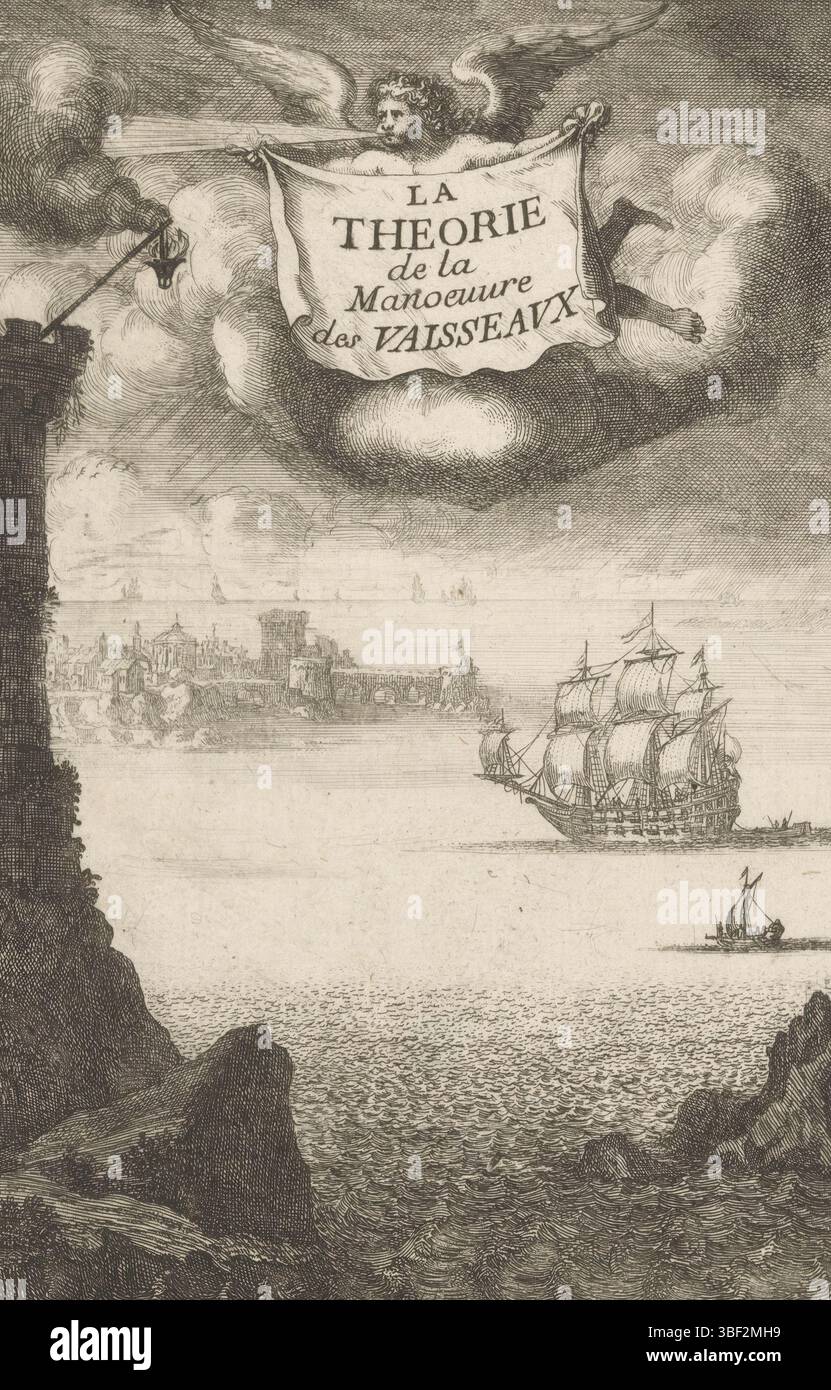 Paris, Jombert, Claude, Ertinger, Franz, page d'accueil pour : Henry C. Pitot, la théorie de la manœuvre des vaisseaux, 1731, Ships at Sea, Paris, verso - estampillé, pour une tour sur la côte les bateaux naviguent en mer. En arrière-plan une côte avec des maisons, un pont et des tours. Sur le dessus un Dieu du vent avec le titre., impression, page de titre, impressions, hauteur 177 mm, largeur 109 mm, 1640, imprimeur, 1731 - 1731, papier, gravure, concept de travail, selon sa propre conception, publication (événement), publication, 1679 - 1735, éditeur Banque D'Images