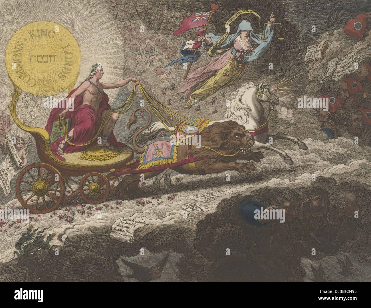 Londres, Humphrey, Hannah, Angleterre, Gillray, James, lumière expulsant les ténèbres, - évacuation des exhalations stygiennes, -ou- le soleil de la constitution, s'élevant supérieur aux nuages de l'opposition, William Pitt conduit les forces obscures, 1795, Londres, verso - estampillé, Spotprent dans lequel William Pitt le jeune monte dans une voiture de triomphe à travers les cieux et chasse les forces obscures, 1795. Le char tiré par un lion et un cheval blanc. Dans les nuages justice avec les échelles qui luttent pour une paix honorable ou une guerre éternelle avec la France., dessin animé, dessin animé anglais, verso - estampillé, hauteur 347 mm, largeur 450 Banque D'Images