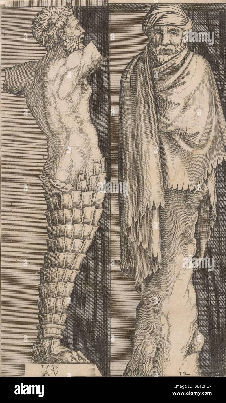 Italie, Veneziano, Agostino, Hermen, deux Hermen mâles, Italie, rembourrage verso - estampillé, deux hermen (pilier carré avec buste humain ou haut du corps) d'hommes barbus. La gauche a sur le côté supérieur a sur le corps supérieur droit d'un homme, et sur le côté inférieur le tronc d'un palmier. La main droite enveloppait un homme avec son front et le haut du corps dans des tissus sur le dessus, et un tronc d'arbre sur le bas. Numéroté en bas à droite : 12., impression, hauteur 199 mm, largeur 120 mm, italien, 1490 - 1536, graveur, 1536 - 1536, papier, gravure, gravure (processus d'impression) Banque D'Images