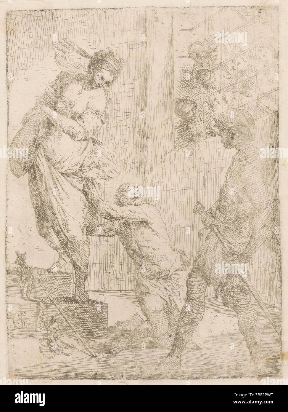 Italie, Saraceni, Carlo, décapitation de Jean-Baptiste, Italie, verso - estampillé, Jean-Baptiste agenouillé devant un bourreau sur le point de tirer son épée. Sur la gauche, Salomé se tient sur une élévation avec dans ses mains le plat sur lequel elle apportera la tête de Jean à Hérode et Hérode. Droit regardant les prisonniers derrière les barreaux., impression, largeur 181 mm, hauteur, 134 mm, italien, 1579 - 1620-06-16, imprimeur, 1589 - 1620, papier, gravure, gravure Banque D'Images