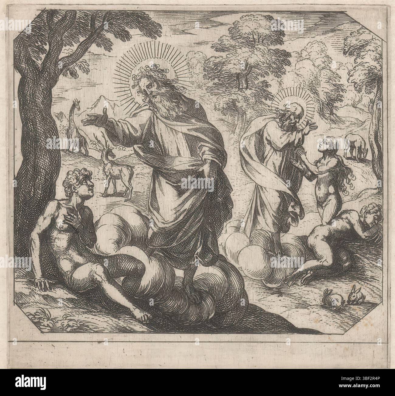 Fox, Maerten de, Bruyn, Nicolaes de, Vatican, Raphaël, Rome, Tempesta, Antonio, la création, la création d'Adam et Eve, verso - estampillé, au premier plan a laissé Dieu le Père qui crée Adam. À droite, Dieu crée le Père Ève à partir de la côte d'Adam. Dans le fond les animaux marchent à travers le paradis., impression, hauteur 116 mm, largeur 123 mm, italien, 1555 - 1630-08-05, graveur, 1565 - 1630, papier, gravure, conception de travaux, 1483-04-07 - 1520-04-07, après conception, Sud-néerlandais, 1571 - 1656-10, après impression, 1532 - 1603-12-04 Banque D'Images