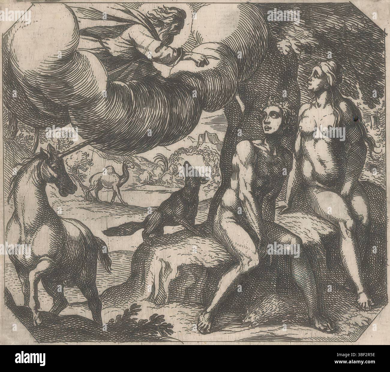 Fox, Maerten de, Bruyn, Nicolaes de, Vatican, Raphaël, Rome, Tempesta, Antonio, création, Dieu blâme Adam et Eve pour leur désobéissance, verso - estampillé, le mauvais Dieu le Père flotte sur les nuages à gauche. A droite Adam et Eve. Au premier plan a laissé une licorne., impression, hauteur 116 mm, largeur 123 mm, italien, 1555 - 1630-08-05, graveur, 1565 - 1630, papier, gravure, conception de travail, 1483-04-07 - 1520-04-07, après la conception de, concept de travail, néerlandais du Sud, 1571 - 1656-10, après impression, pays-Bas du Sud, 1532 - 1603-12-04 Banque D'Images