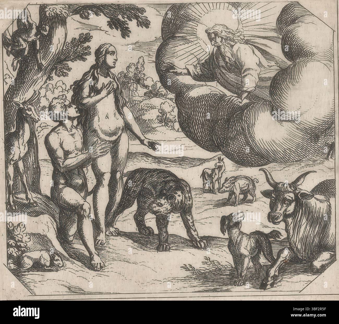 Vos, Maerten de, Bruyn, Nicolaes de, Vatican, Raphaël, Rome, Tempesta, Antonio, la création, Adam et Eve placés au paradis, vero - estampillé, Dieu le Père place Adam et Eve au paradis parmi les animaux., impression, hauteur 116 mm, largeur 123 mm, italien, 1555 - 1630-08-05, graveur, 1565 - 1630, papier, gravure, conception de travaux, 1483-04-07 - 1520-04-07, selon la conception, Sud des pays-Bas, 1571 - 1656-10, pour imprimer, 1532 - 1603-12-04 Banque D'Images
